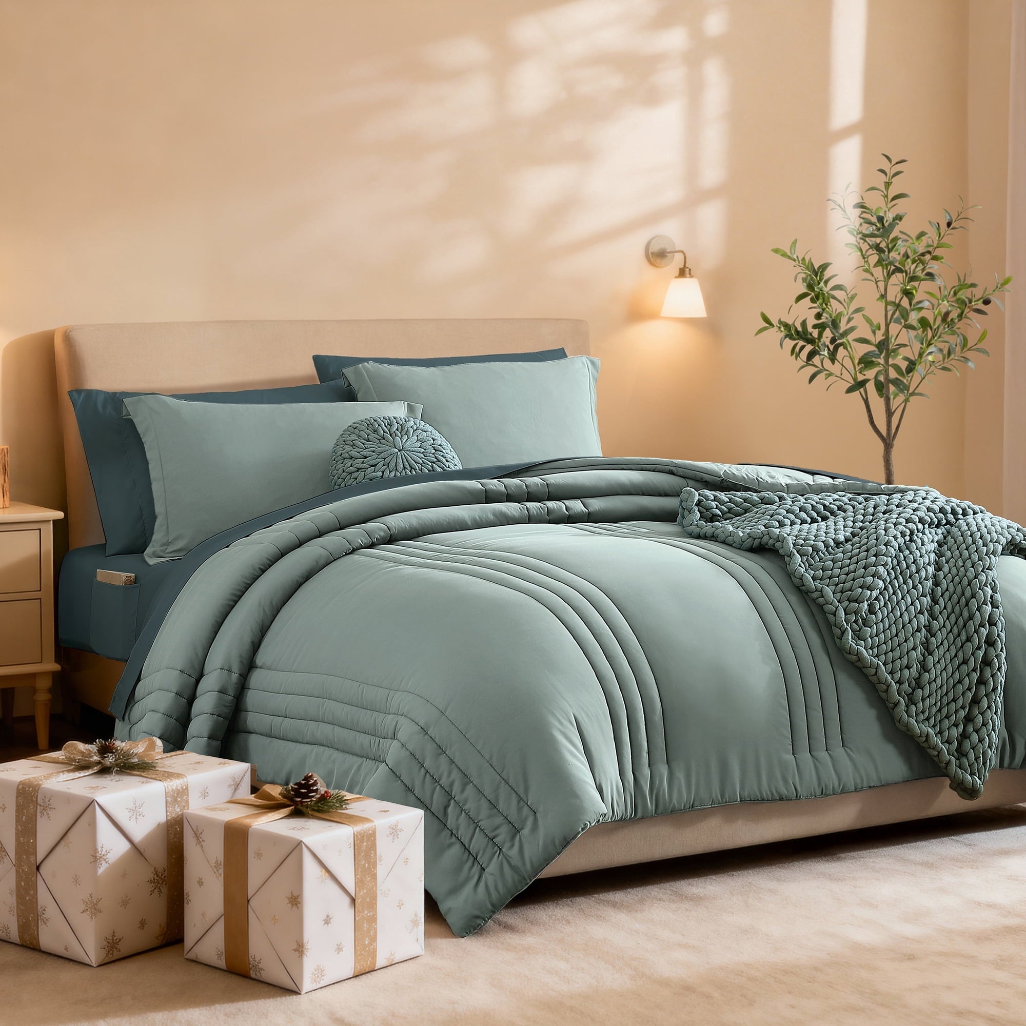 Hypoallergenic Cloud 7-piece Bed in a Bag Comforter Set with Sheets,Sage Green,Full - Cloud-Like Soft Lightweight Bed Comforter - Default Title