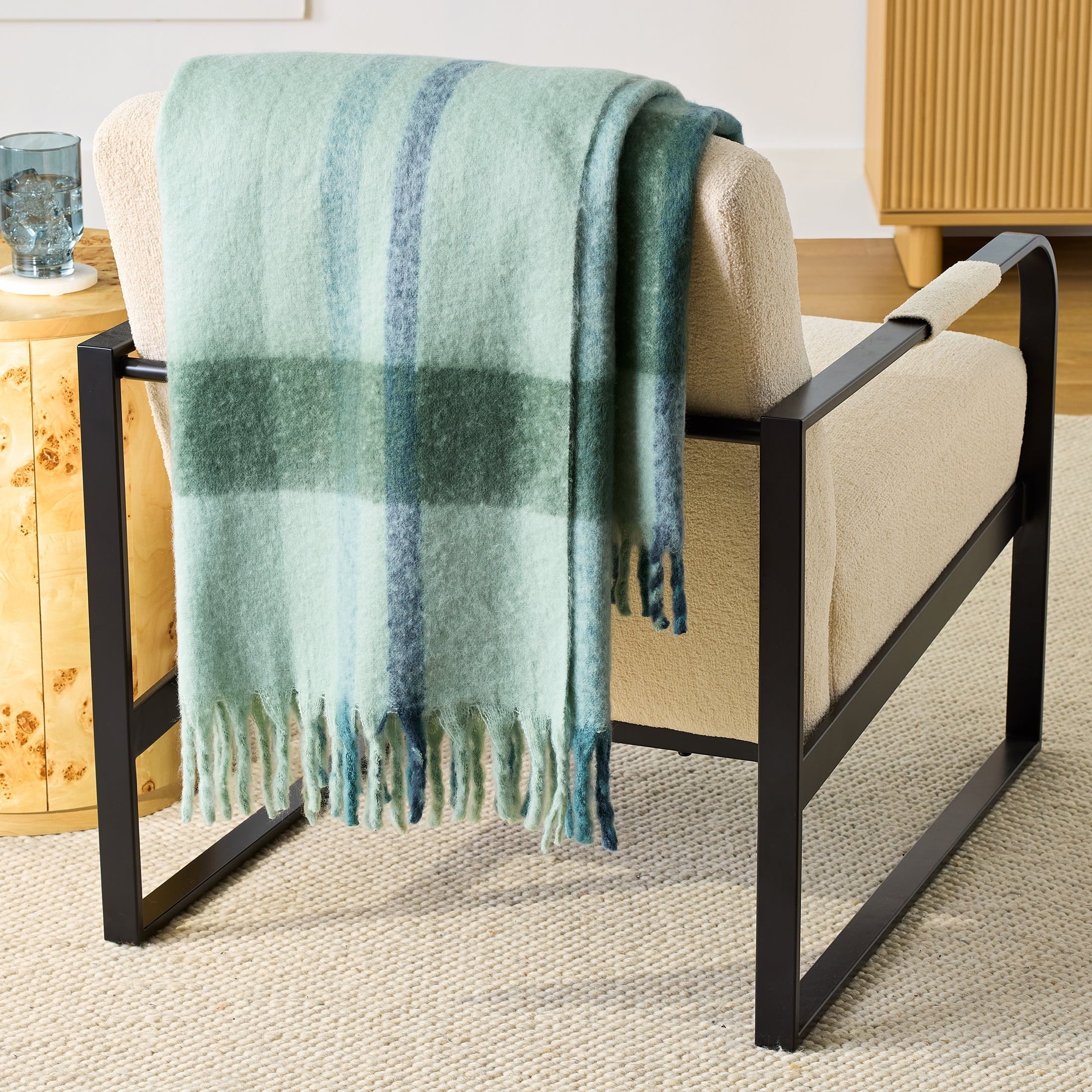 Decorative Knitted Faux Mohair Cozy Couch Throw Blanket Green Plaid, 50x72" - Luxury Knitted Decorative Throw Blanket with Fringes - Default Title