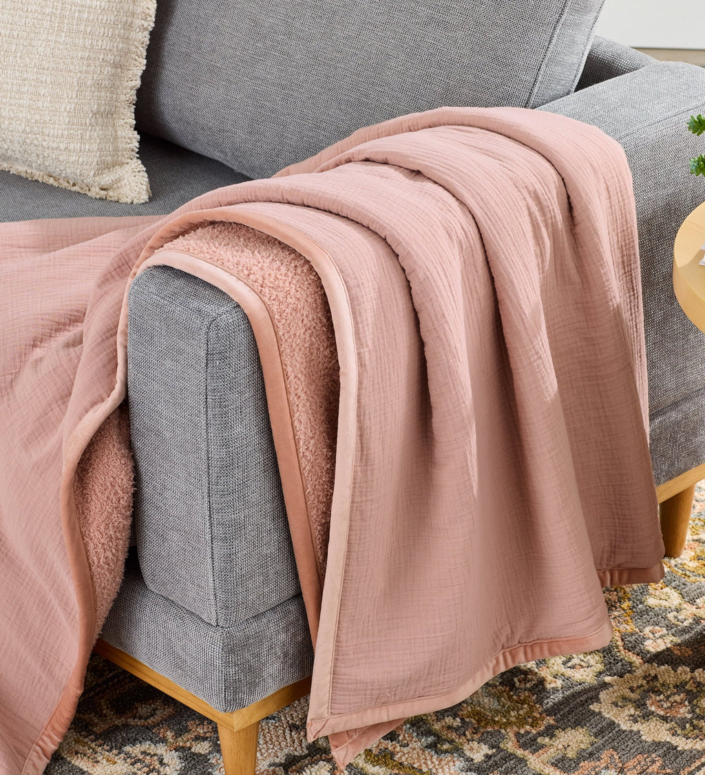 Cozy Fleece Gauze Reverse to Cozy Knit Super Soft Throw Blanket, Oversized, Antique Blush - Luxury Knitted Decorative Throw Blanket with Fringes - Default Title