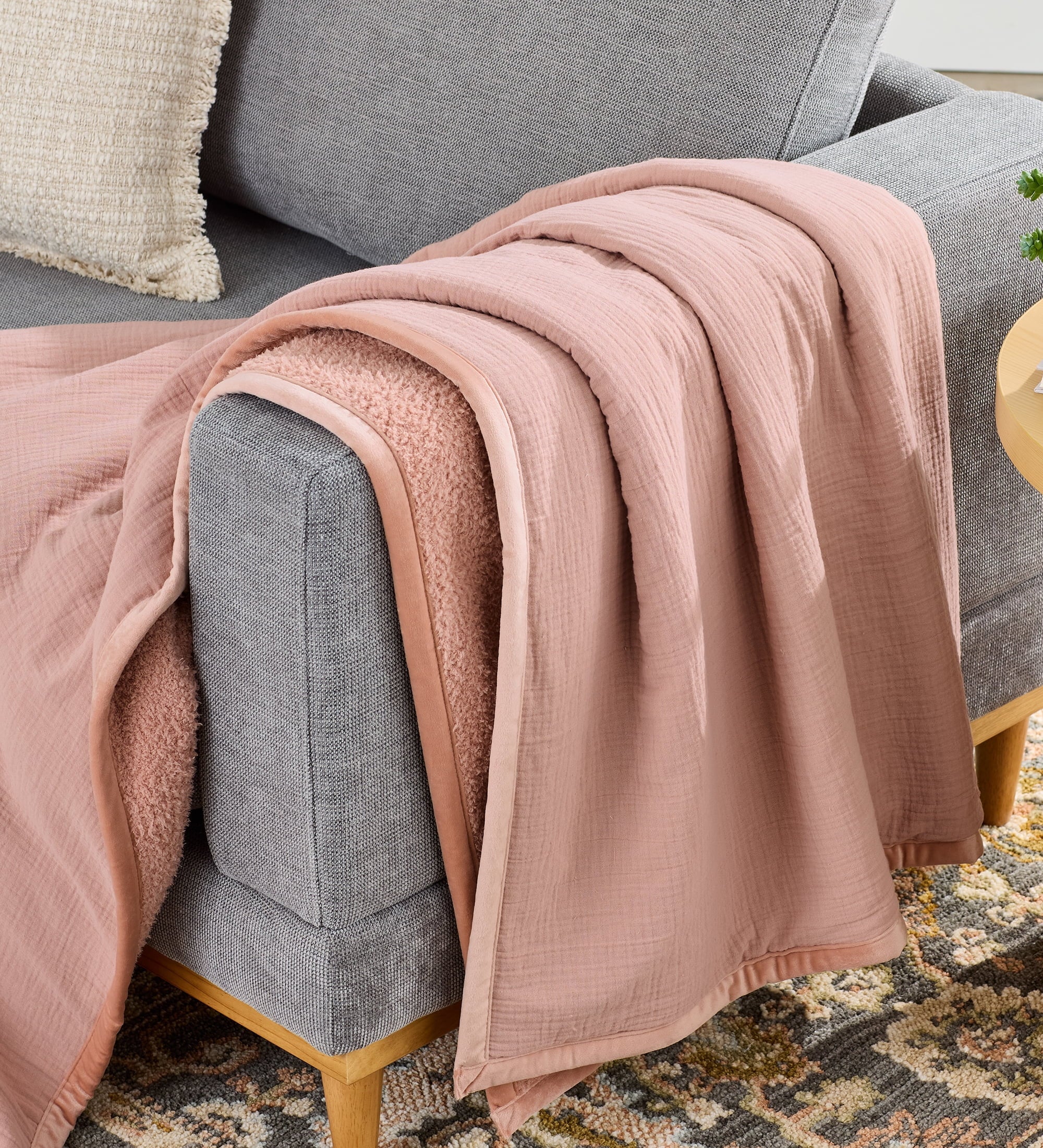 Cozy Fleece Gauze Reverse to Cozy Knit Super Soft Throw Blanket, Oversized, Antique Blush - Luxury Knitted Decorative Throw Blanket with Fringes - Default Title