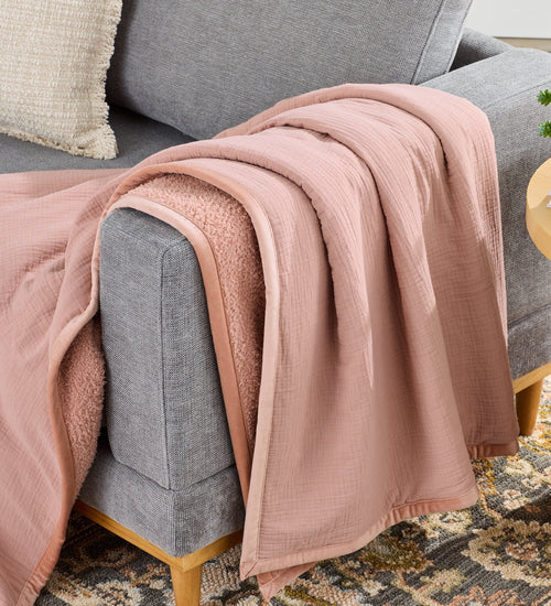 Cozy Fleece Gauze Reverse to Cozy Knit Super Soft Throw Blanket, Oversized, Antique Blush - Luxury Knitted Decorative Throw Blanket with Fringes - Default Title