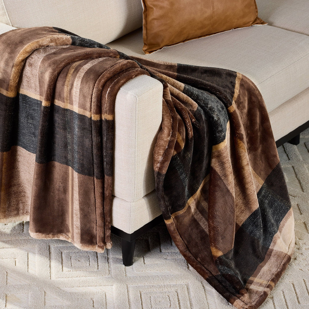 Reversible Sherpa Printed Velvet Plush Super Soft Throw Blanket, Oversized, Shelton Brown Plaid - Luxury Knitted Decorative Throw Blanket with Fringes - Default Title