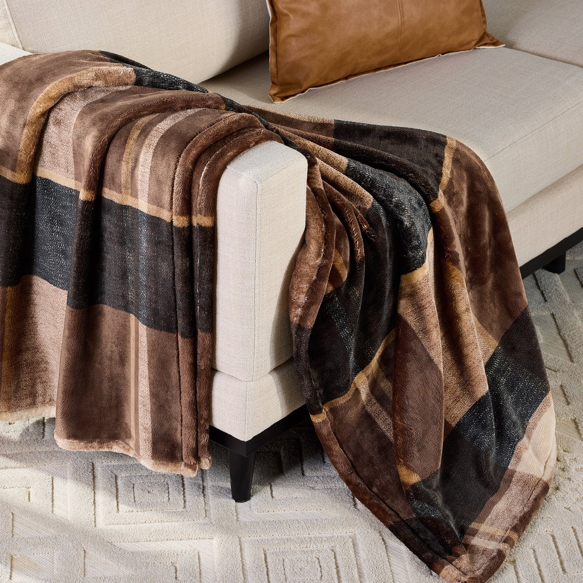 Reversible Sherpa Printed Velvet Plush Super Soft Throw Blanket, Oversized, Shelton Brown Plaid - Luxury Knitted Decorative Throw Blanket with Fringes - Default Title