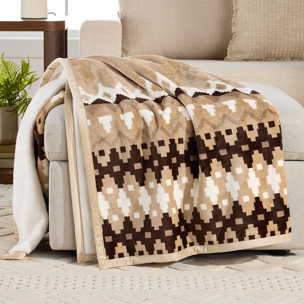 Super Soft Flannel Printed Velvet Plush Reverse to Faux Fur Super Soft Throw Blanket, Oversized, Linder Border Beige - Luxury Knitted Decorative Throw Blanket with Fringes - Default Title