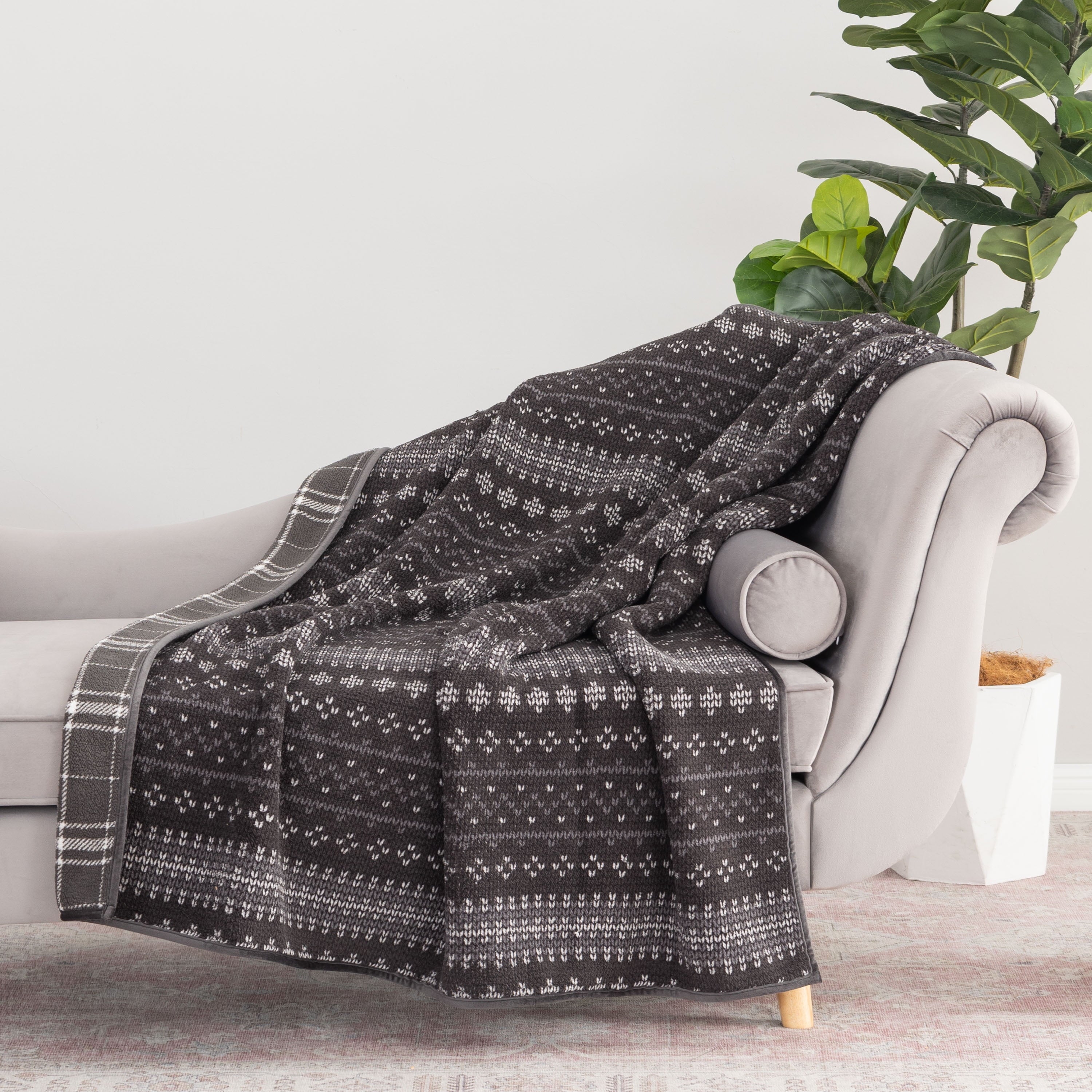 Decorative Knitted Berkshire Life Reversible Printed Hampshire Soft Throw Blanket, Glacier Fair Isle - Super Soft Reversible Sherpa Flannel Blanket - Default Title