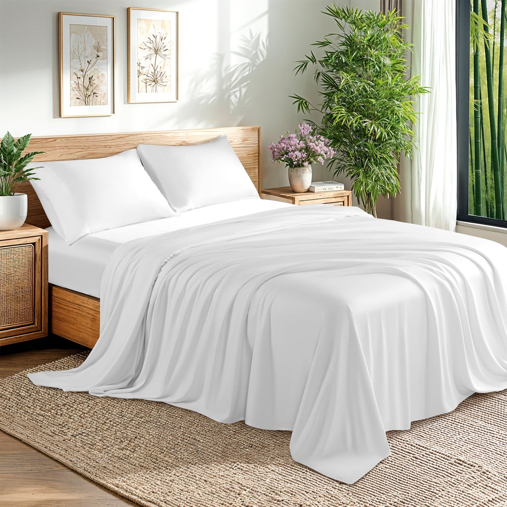 Cooling Sateen Bamboo Sheets Set, 4-Piece Queen Sheet Set with 16" Deep Pockets, Soft and Breathable Bed Sheets, White - Luxury Bed Sheet Set with Deep Pockets - Default Title