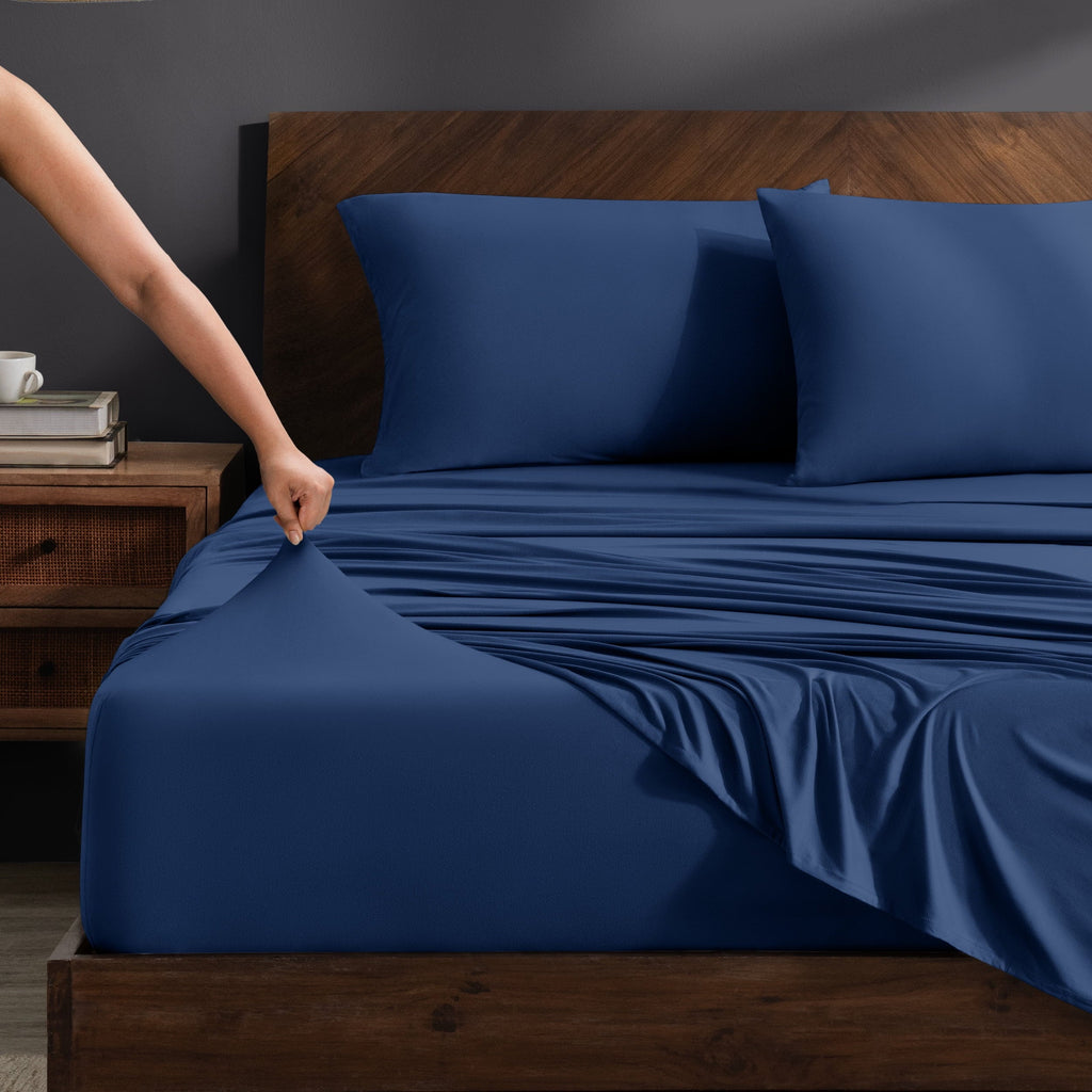Cooling Sateen Cooling Performance Jersey Knit Stretch Sheet Set, Moisture-Wicking & Breathable, 4-Way Stretch Bed Sheets, Envelope ... - Luxury Bed Sheet Set with Deep Pockets - Default Title