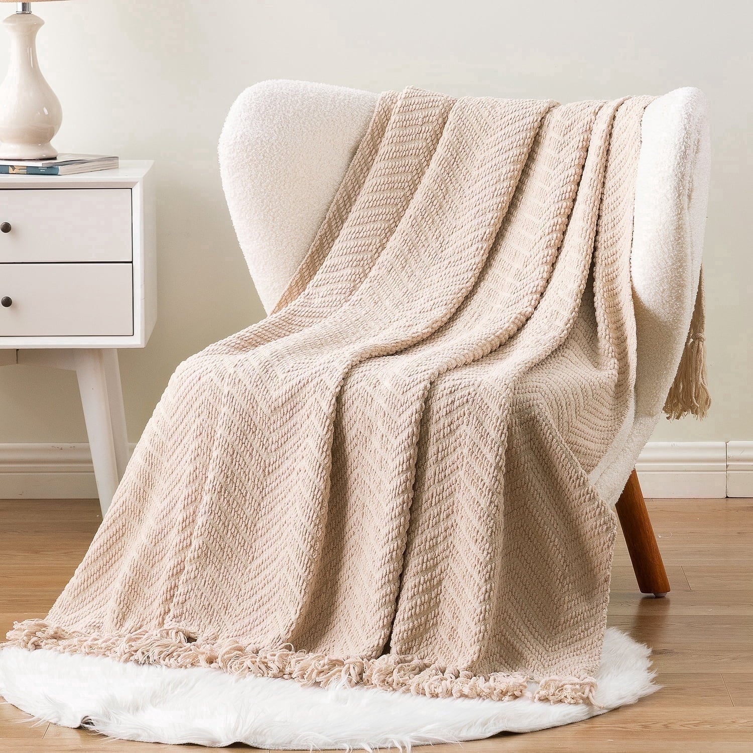 Lightweight Warm Beige Throw Blanket,Textured Knitted Tan Throws with Tassels,Neutral Sofa Bed Throws,50"x60" - Cozy Fleece Throw Blanket for Couch & Bed - Default Title