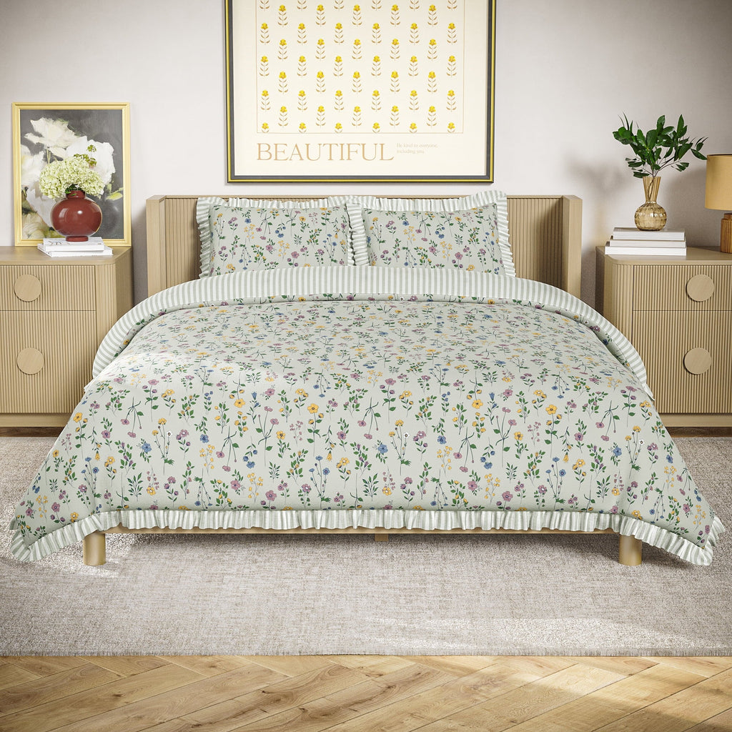 Luxurious Quilted 100% Cotton Botanical 3-Piece Sage Green Comforter Set, Full/Queen - Luxurious Quilted Duvet Cover Set - Default Title