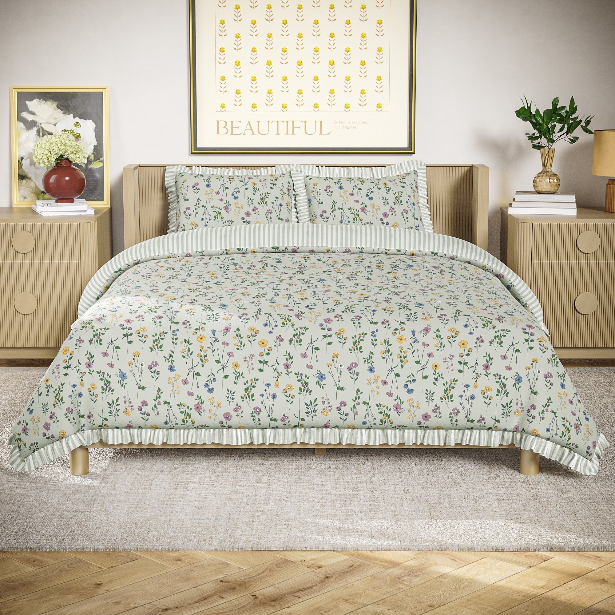Luxurious Quilted 100% Cotton Botanical 3-Piece Sage Green Comforter Set, Full/Queen - Luxurious Quilted Duvet Cover Set - Default Title
