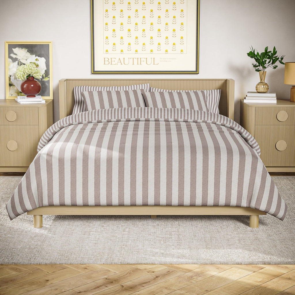 Fluffy Down Alternative 100% Cotton Striped 3-Piece Natural Comforter Set, Full/Queen - All-Season Down Alternative Comforter Insert - Default Title