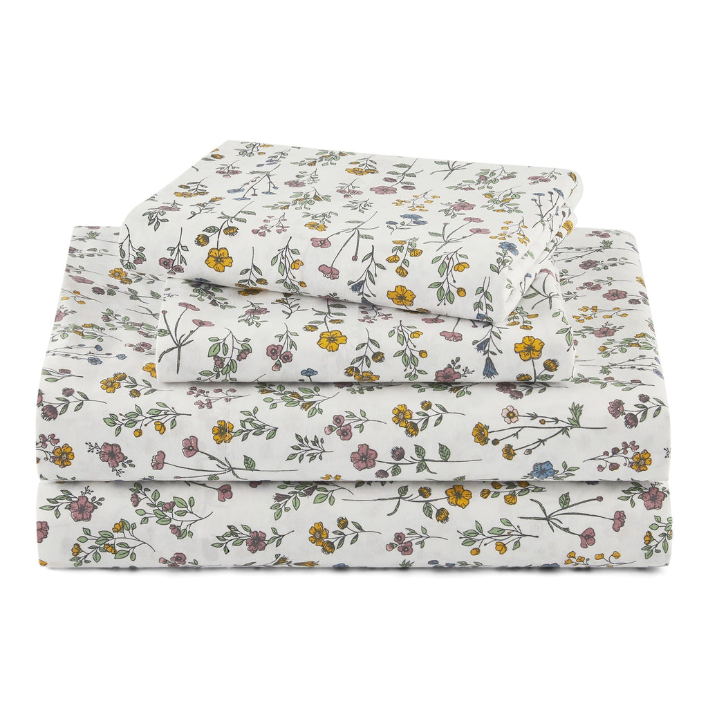 Wrinkle-Resistant Botanical 4-Piece 100% Cotton Washed Percale White Sheet Set, Queen - Breathable Egyptian Cotton Flat & Fitted Sheets - Default Title
