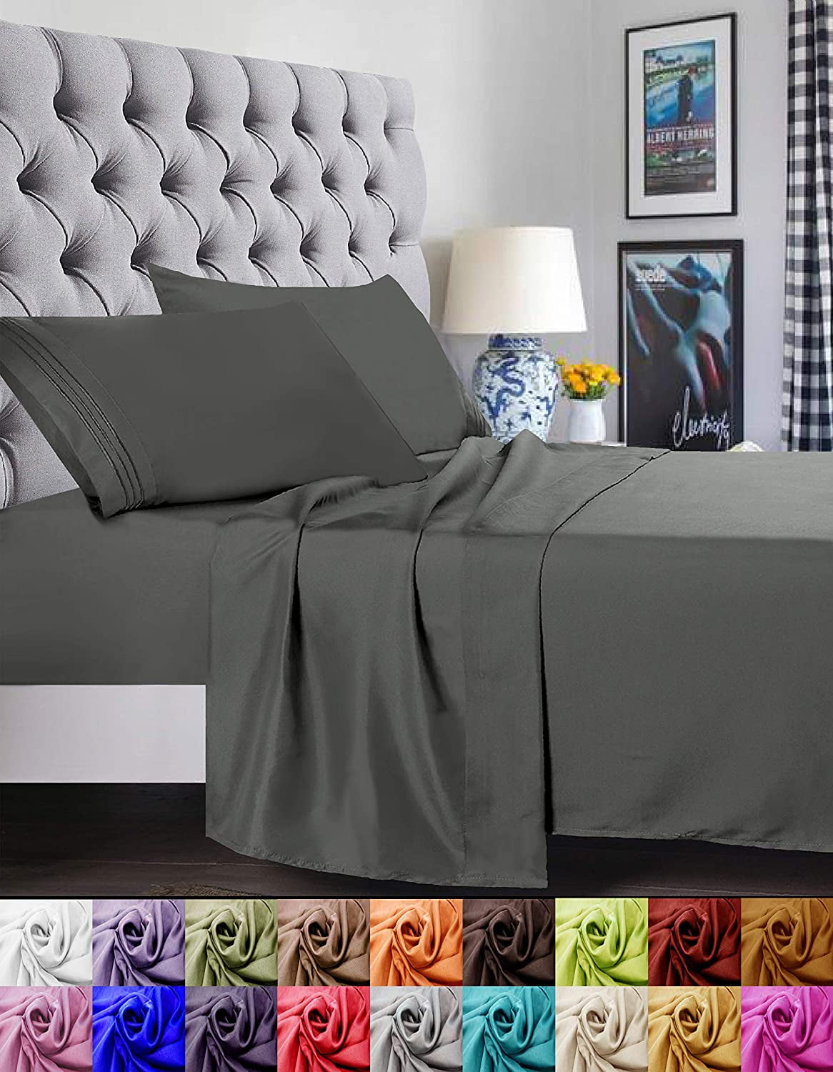 Breathable Luxury 4 Pieces Bed Sheet set Flat,Fitted,Pillowcase , Queen Grey - Premium Ultra-Soft Pillowcase Pair for Sleeping - Default Title