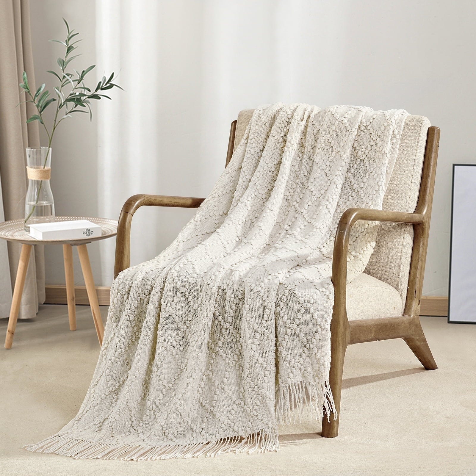 Cozy Fleece Texture Pure Color Soft Throw Blanket and Sofa Or Bed Knitted Decorative Blanket 50 x70 inches Jacquard Diamond Beige... - Lightweight Plush Warm Blanket for All Seasons - Default Title