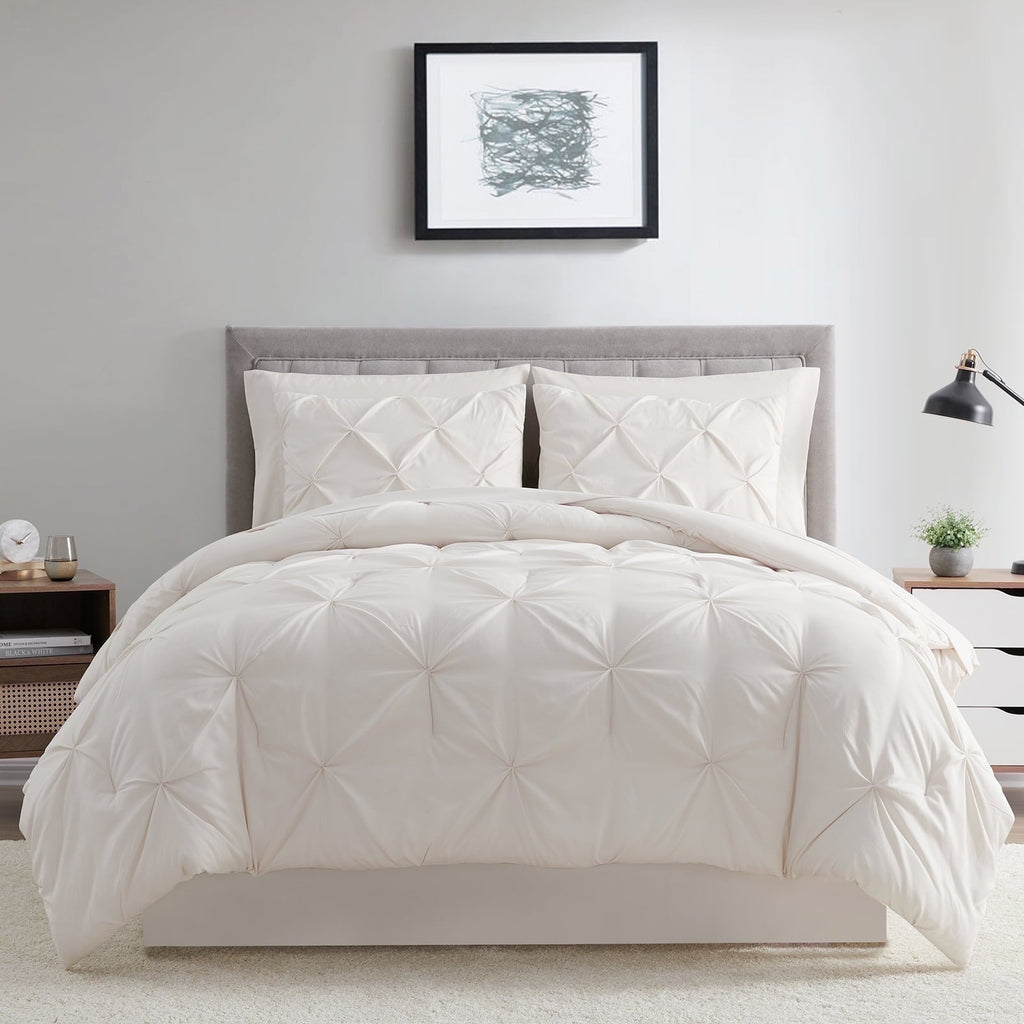 Hypoallergenic Cloud Comforter Set, 3-Piece, Queen, Pleated Wrinkle-Resistant Microfiber Bedding, Ivory, All-Season - All-Season Down Alternative Comforter Insert - Default Title