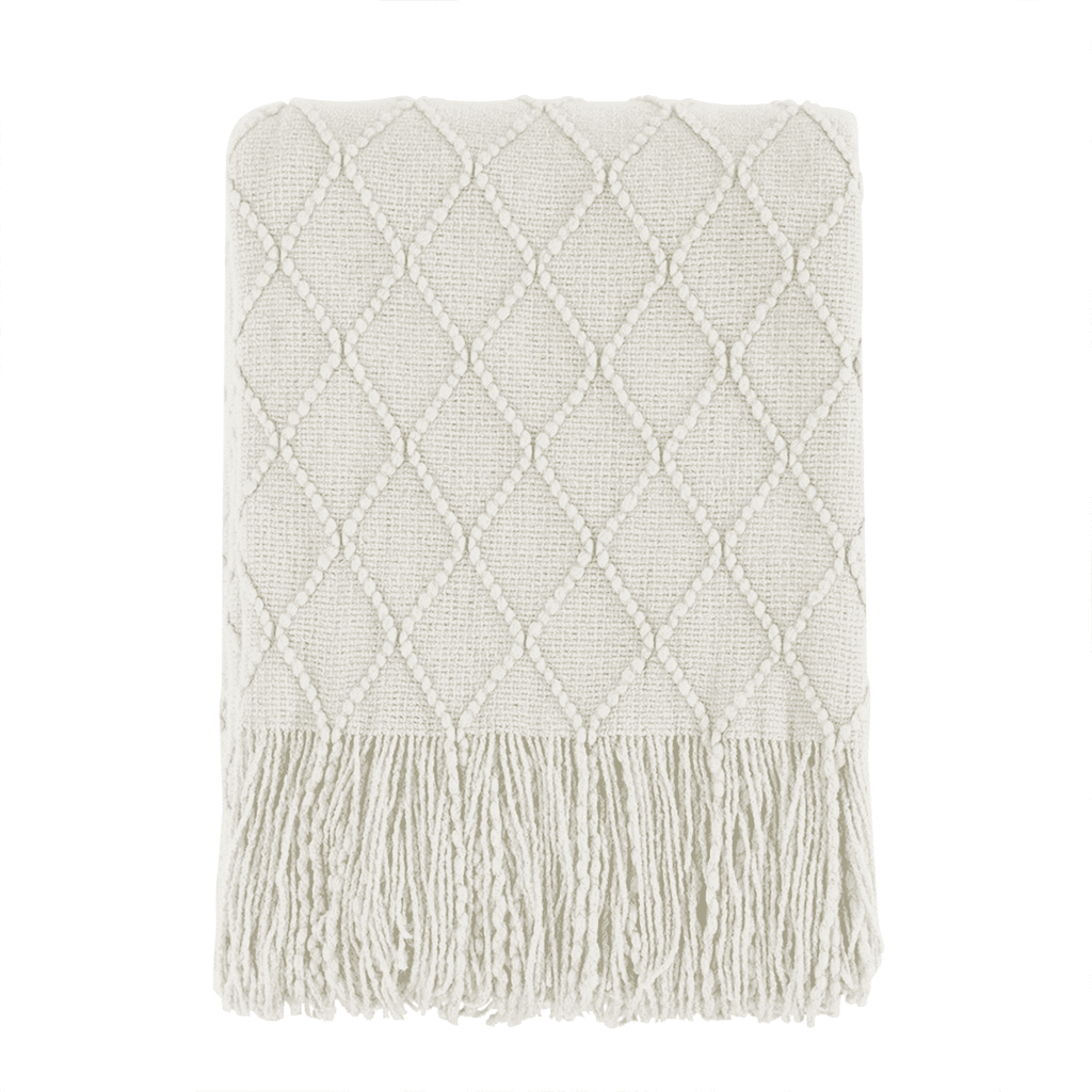 Decorative Knitted Rhombus Beige Throw Blanket, Soft and Lightweight, 50"x 60" - Luxury Knitted Decorative Throw Blanket with Fringes - Default Title