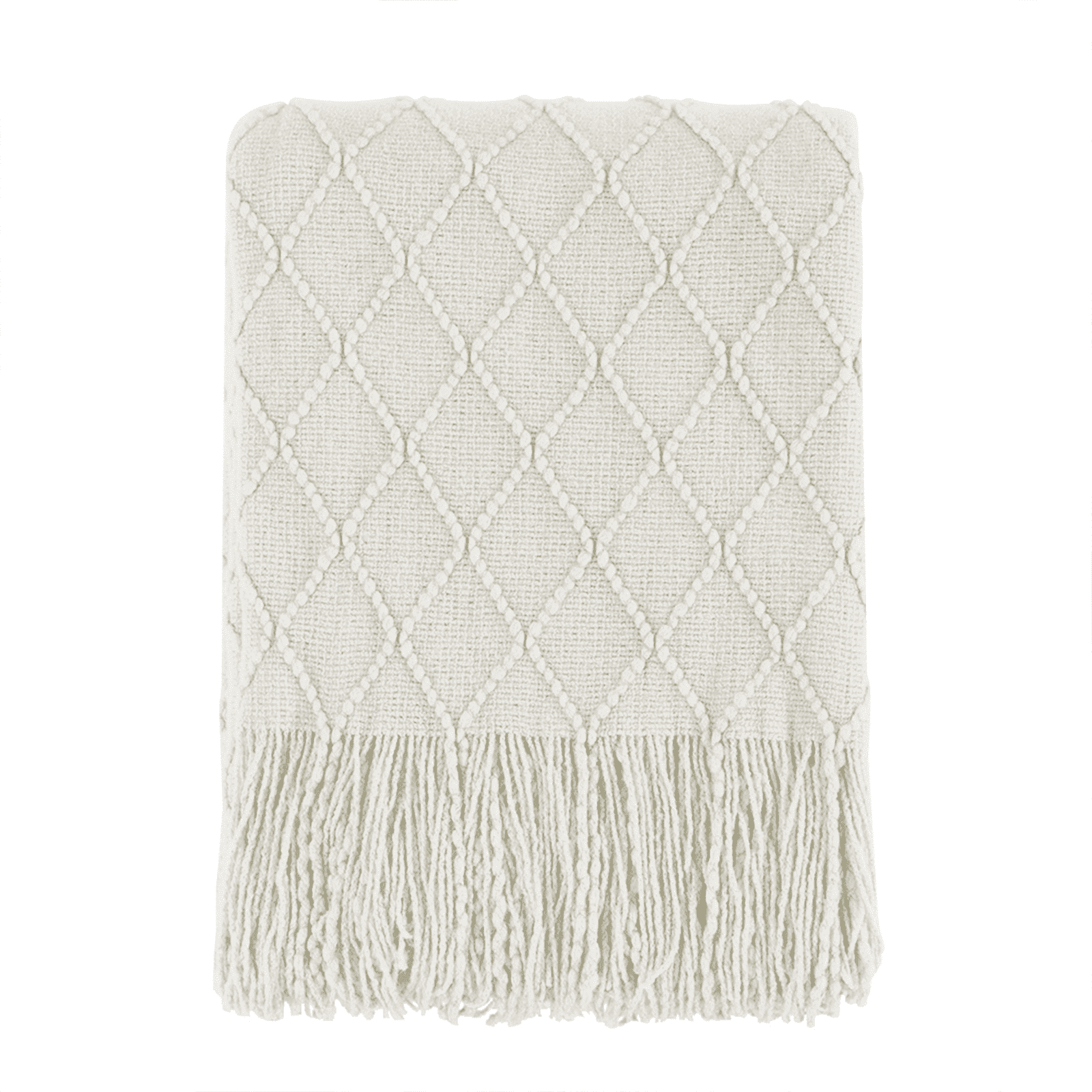 Decorative Knitted Rhombus Beige Throw Blanket, Soft and Lightweight, 50"x 60" - Luxury Knitted Decorative Throw Blanket with Fringes - Default Title