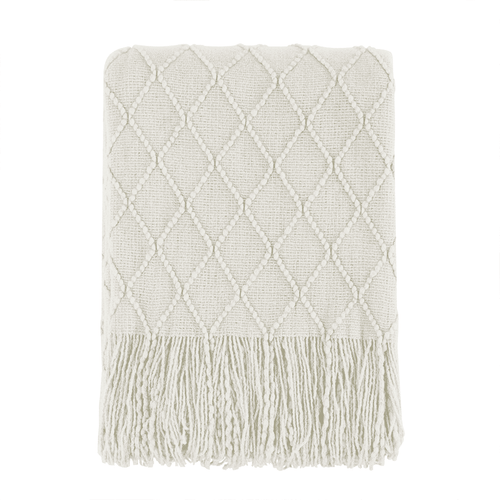 Decorative Knitted Rhombus Beige Throw Blanket, Soft and Lightweight, 50"x 60" - Luxury Knitted Decorative Throw Blanket with Fringes - Default Title