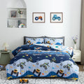 Luxurious Quilted 3Pcs Reversible Construction Truck Twin Comforter Set for Boys Kids Excavator Vehicle Motorcycle Bedding Set Blue - Luxurious Quilted Duvet Cover Set - Default Title