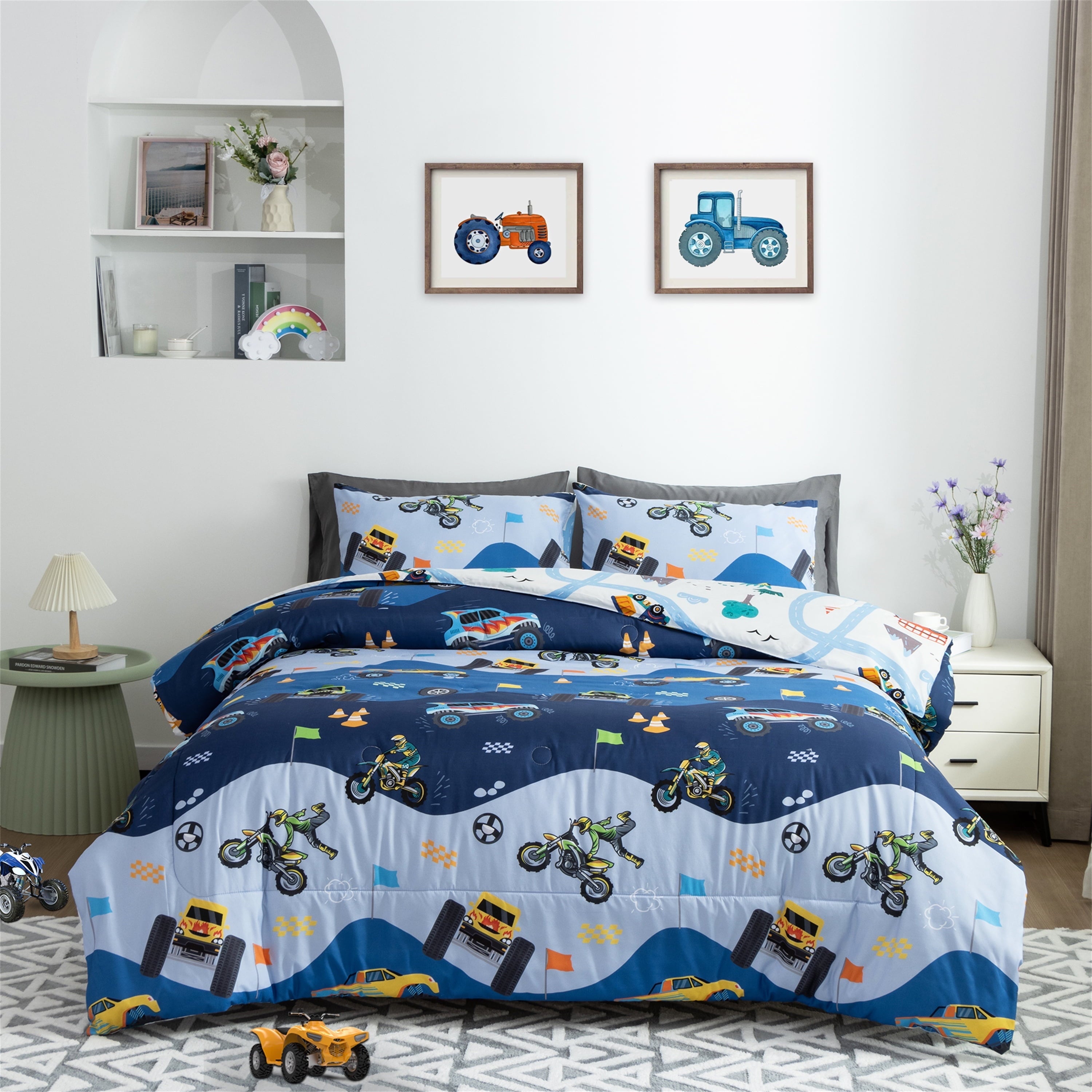 Luxurious Quilted 3Pcs Reversible Construction Truck Twin Comforter Set for Boys Kids Excavator Vehicle Motorcycle Bedding Set Blue - Luxurious Quilted Duvet Cover Set - Default Title