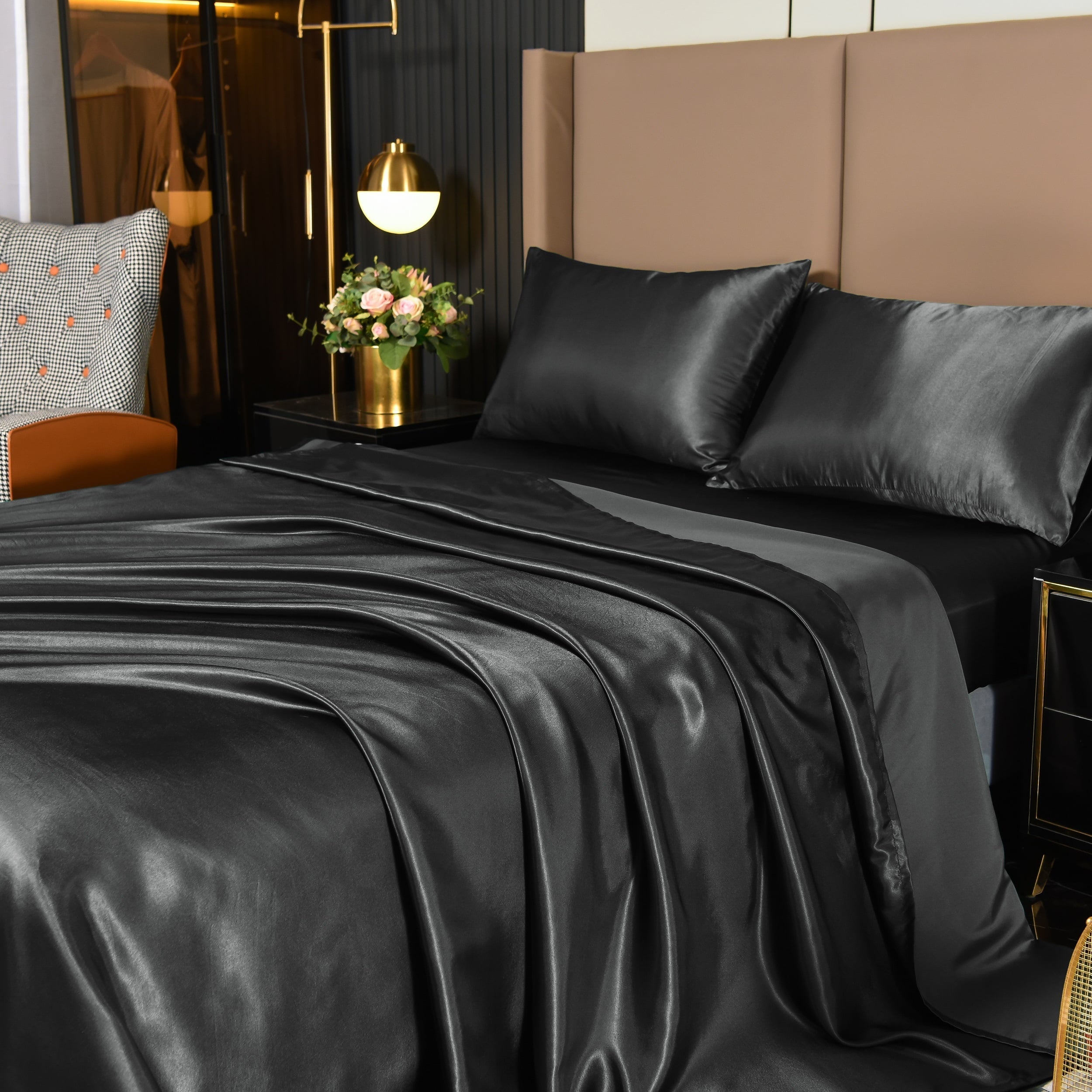 Cooling Sateen 4Pcs Black Satin Sheets Queen Set Silk Sheets 13" Deep Pocket Ultra Soft silky Bed Sheet Set - Breathable Egyptian Cotton Flat & Fitted Sheets - Default Title