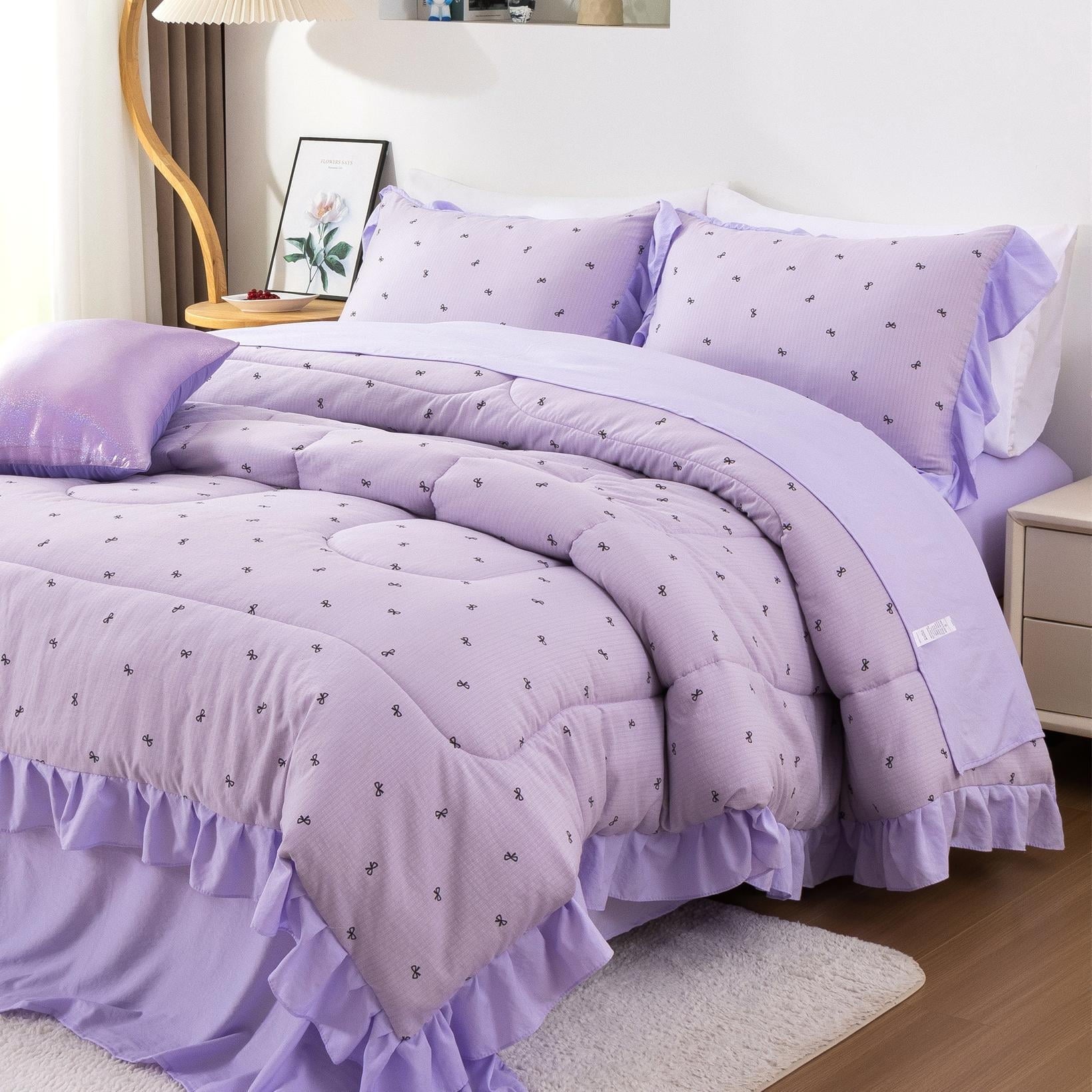 Luxurious Quilted 6 Piece Delicate Bows Purple Bedding Set Ruffle Princess Style Comforter Set Bed in a Bag - Luxurious Quilted Duvet Cover Set - Default Title