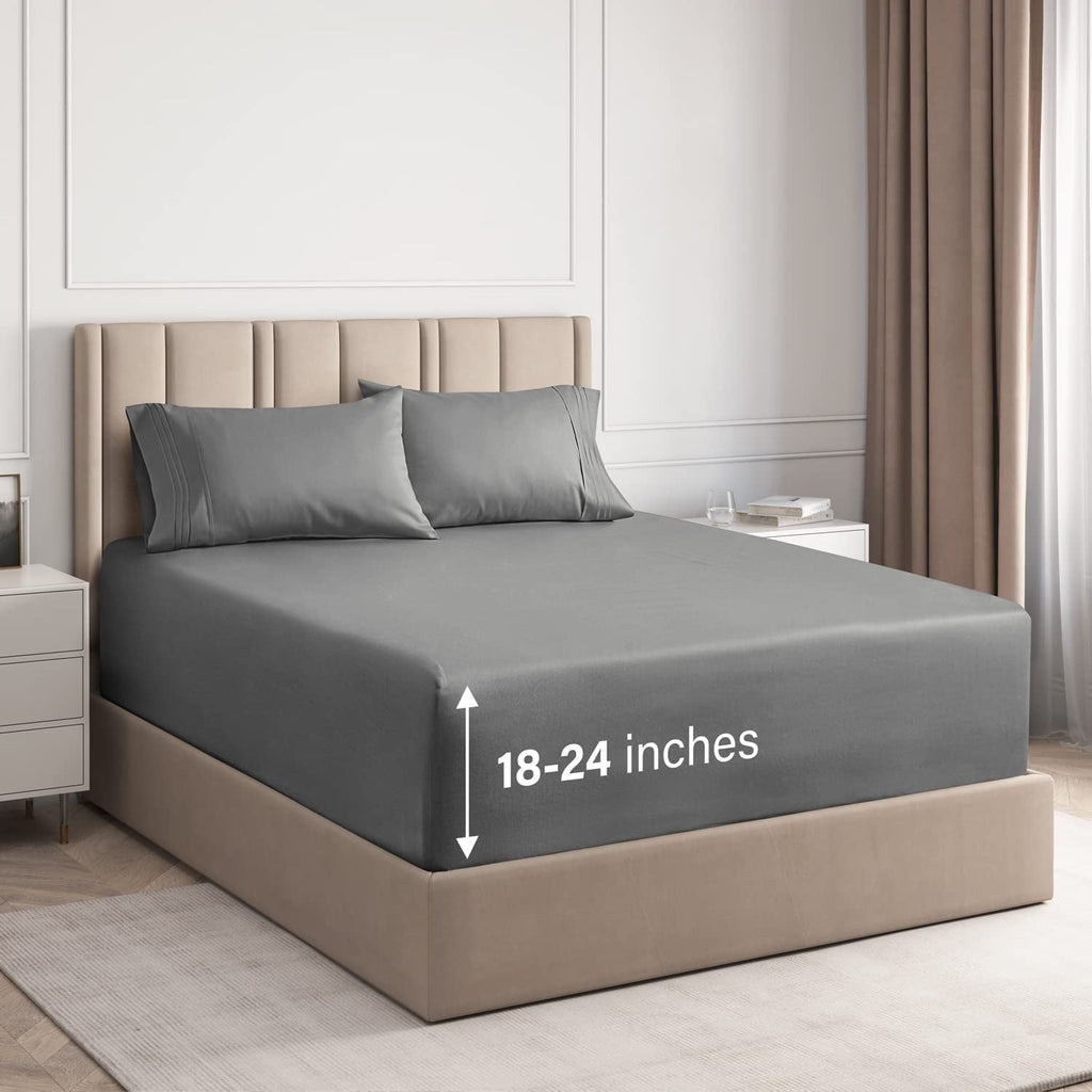 Cooling Sateen 4-Piece Extra Deep Pocket Sheet Set - Full Size Breathable & Cooling Bed Sheets Fits 18"-24" Mattresses, Gray - Luxury Bed Sheet Set with Deep Pockets - Default Title