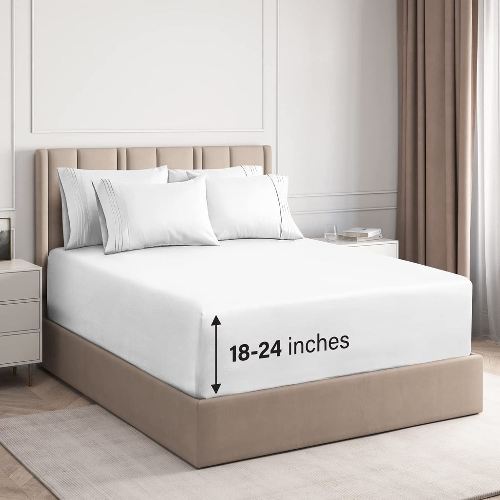 Premium Egyptian Cotton 6-Piece Extra Deep Pocket Sheet Set With Extra Matching Pillowcases - King Size Bed Sheets Fits 18"-24" Ma... - Breathable Egyptian Cotton Flat & Fitted Sheets - Default Title