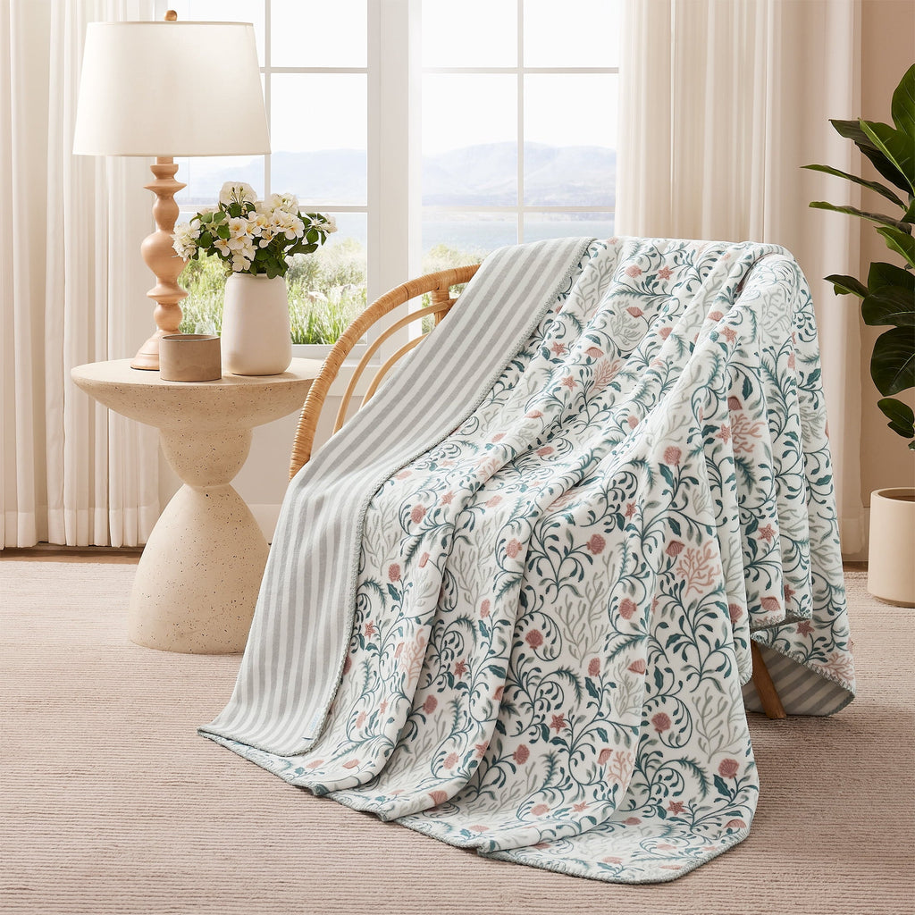 Decorative Knitted Throw Blanket, Reversible Plush Fleece Blanket for Couch, Green Seaberry Print, 50" x 72" - Luxury Knitted Decorative Throw Blanket with Fringes - Default Title