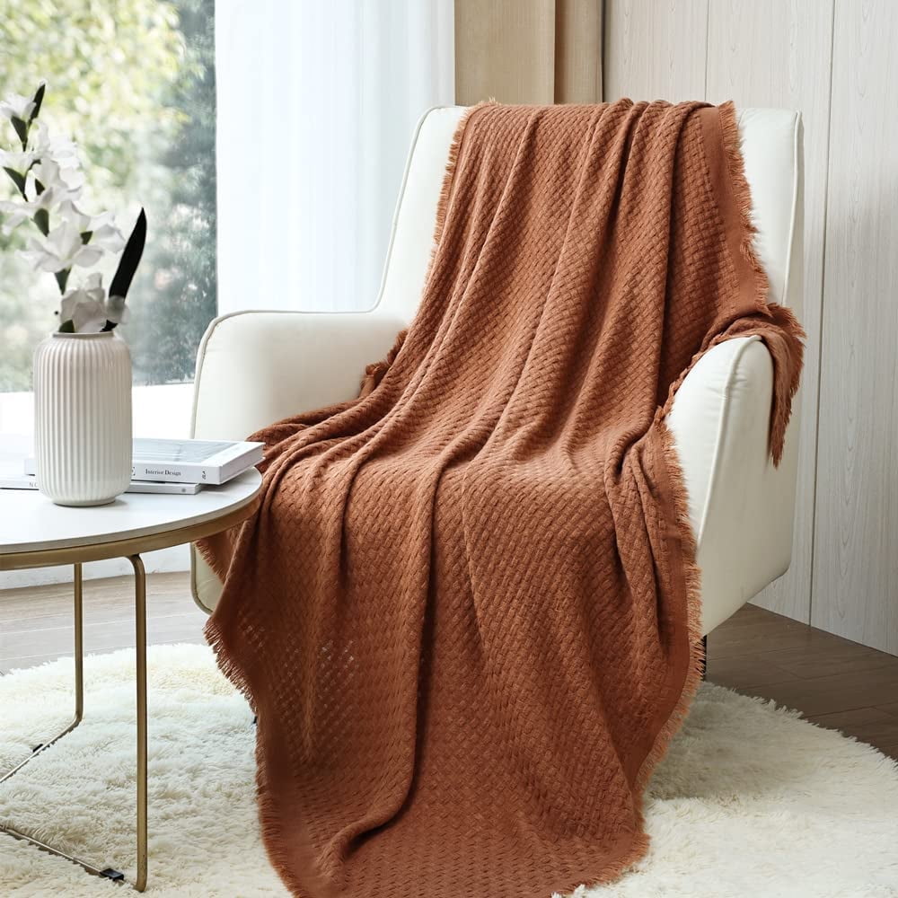 Reversible Sherpa Farmhouse Rust Knit Throw Blanket for Couch Sofa Chair Bed Home Decoration, Soft Warm Cozy Light Weight for Spring Su... - Luxury Knitted Decorative Throw Blanket with Fringes - Default Title