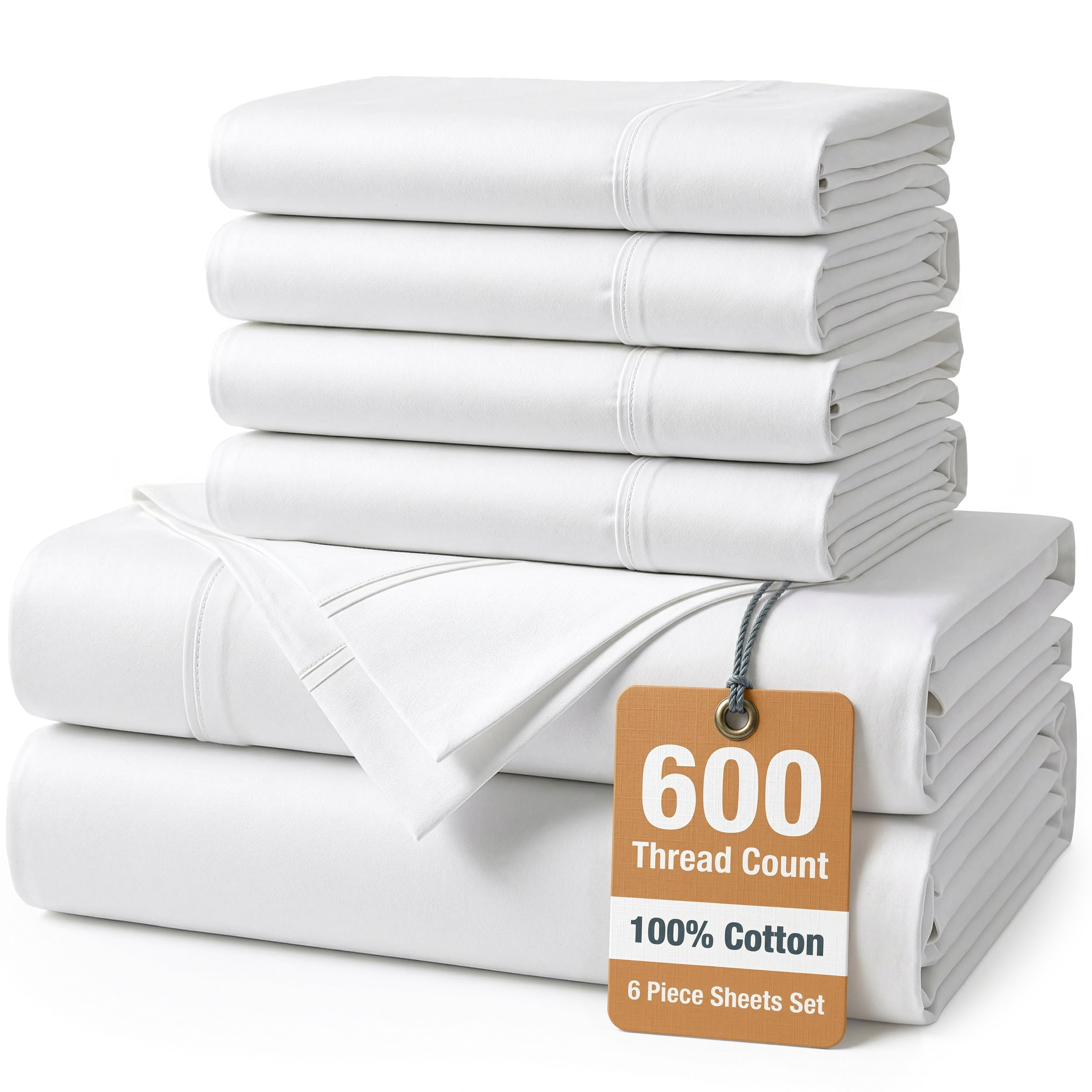 Ultra-Soft Bed Sheets Set – 6 Piece, 600 Thread Count, 100% Cotton Sheets, Hotel Luxury Sateen Finish, 15" Deep Pocket, Easy to ... - Premium Ultra-Soft Pillowcase Pair for Sleeping - Default Title