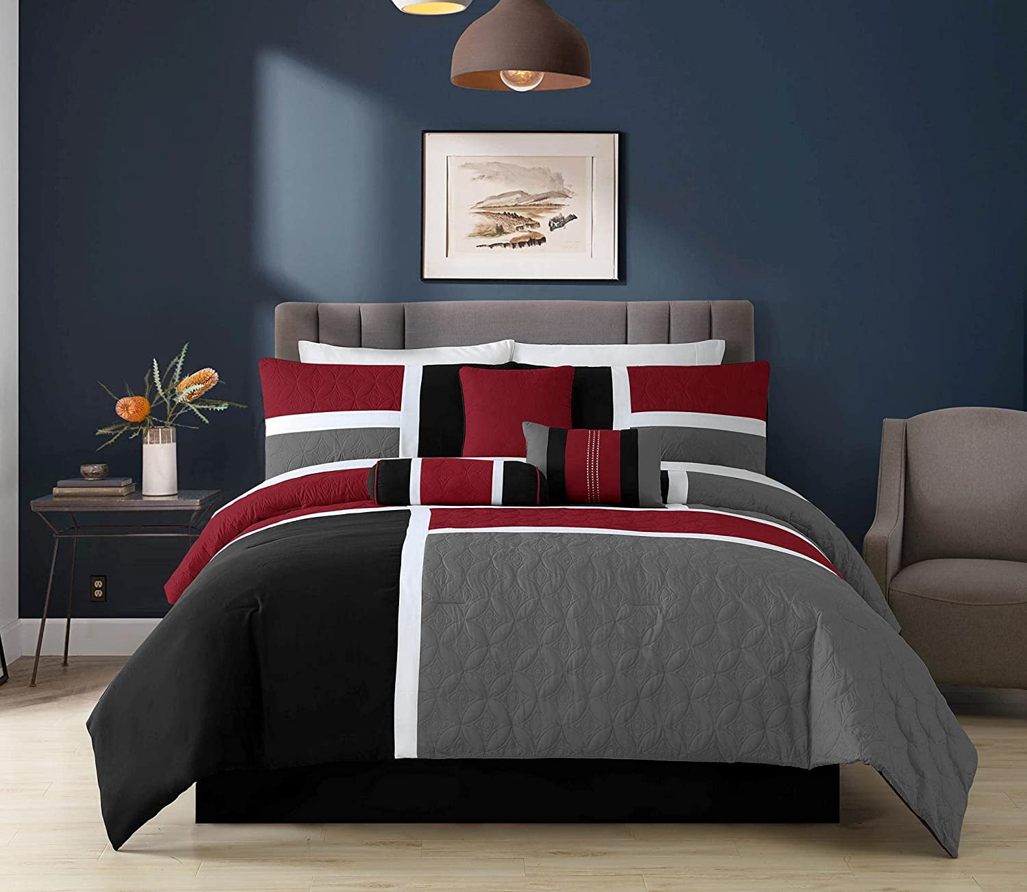 Fluffy Down Alternative 7-Piece Medallion Patchwork Comforter Set, Full, Red/Gray/Black - Luxurious Quilted Duvet Cover Set - Default Title