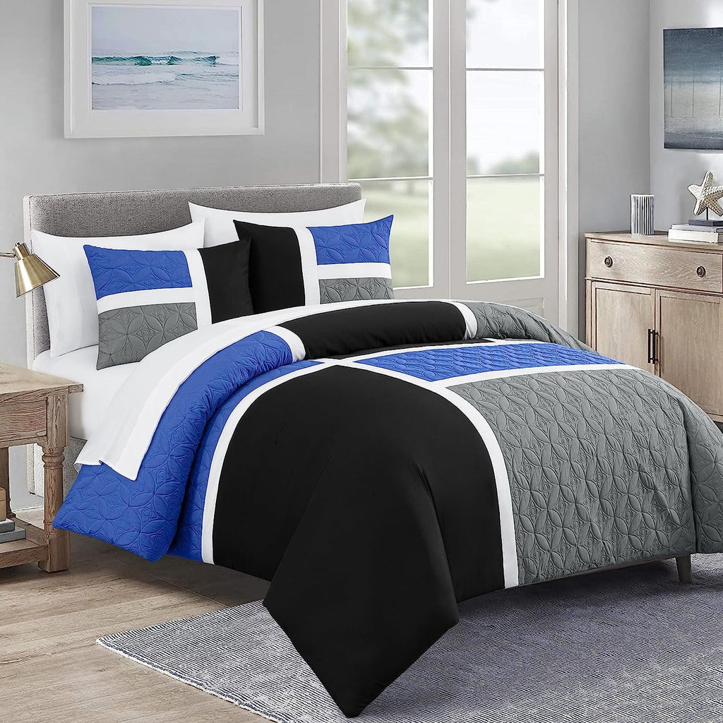 All-Season Bernard 7-Piece Full Bed in a Bag Comforter Set with Sheets, Lightweight Comforter Blue Black Gray Patchwork Quilted ... - Luxurious Quilted Duvet Cover Set - Default Title