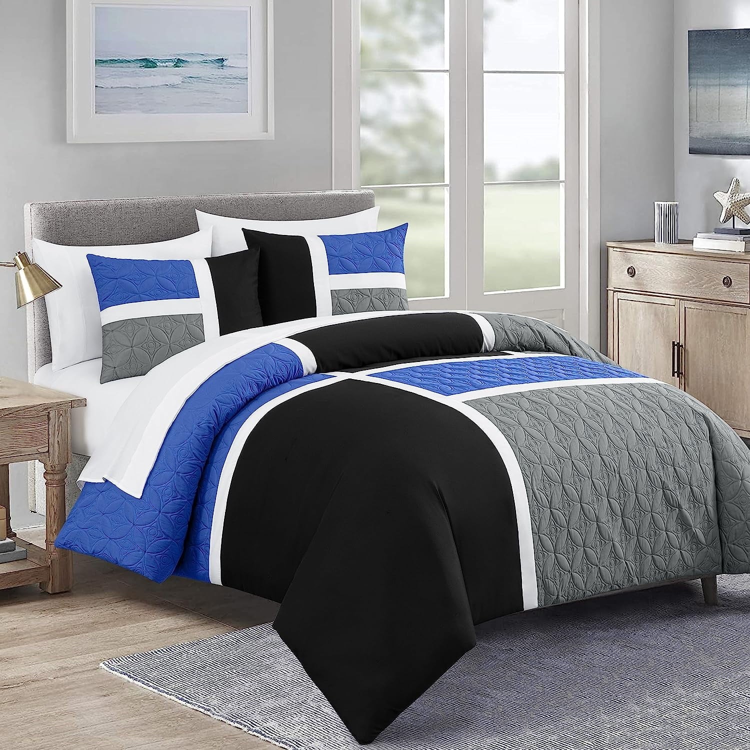 All-Season Bernard 7-Piece Full Bed in a Bag Comforter Set with Sheets, Lightweight Comforter Blue Black Gray Patchwork Quilted ... - Luxurious Quilted Duvet Cover Set - Default Title