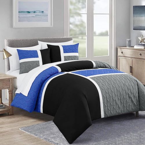 All-Season Bernard 7-Piece Full Bed in a Bag Comforter Set with Sheets, Lightweight Comforter Blue Black Gray Patchwork Quilted ... - Luxurious Quilted Duvet Cover Set - Default Title