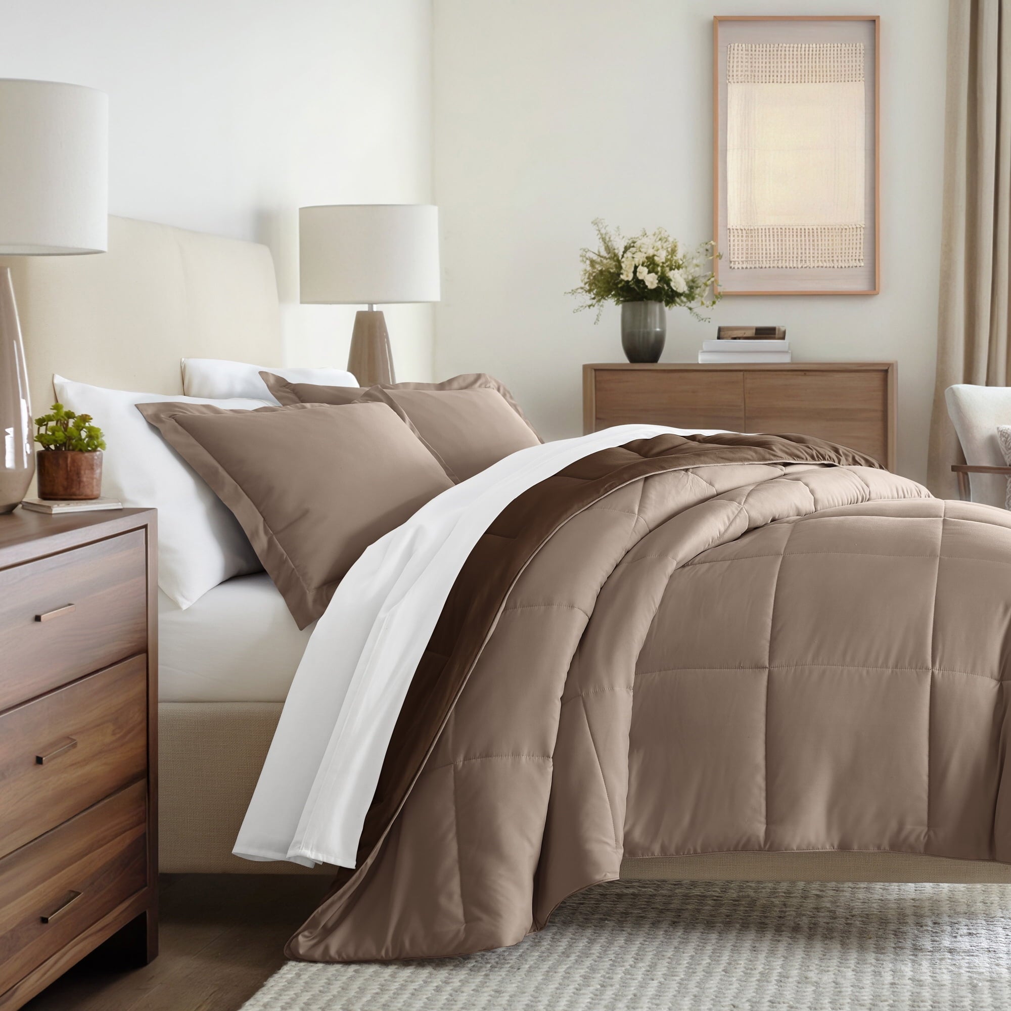 Fluffy Down Alternative All Season Reversible Comforter Set Breathable Cool in Taupe & Chocolate Brown Full/Queen Size Bedding - Luxurious Quilted Duvet Cover Set - Default Title