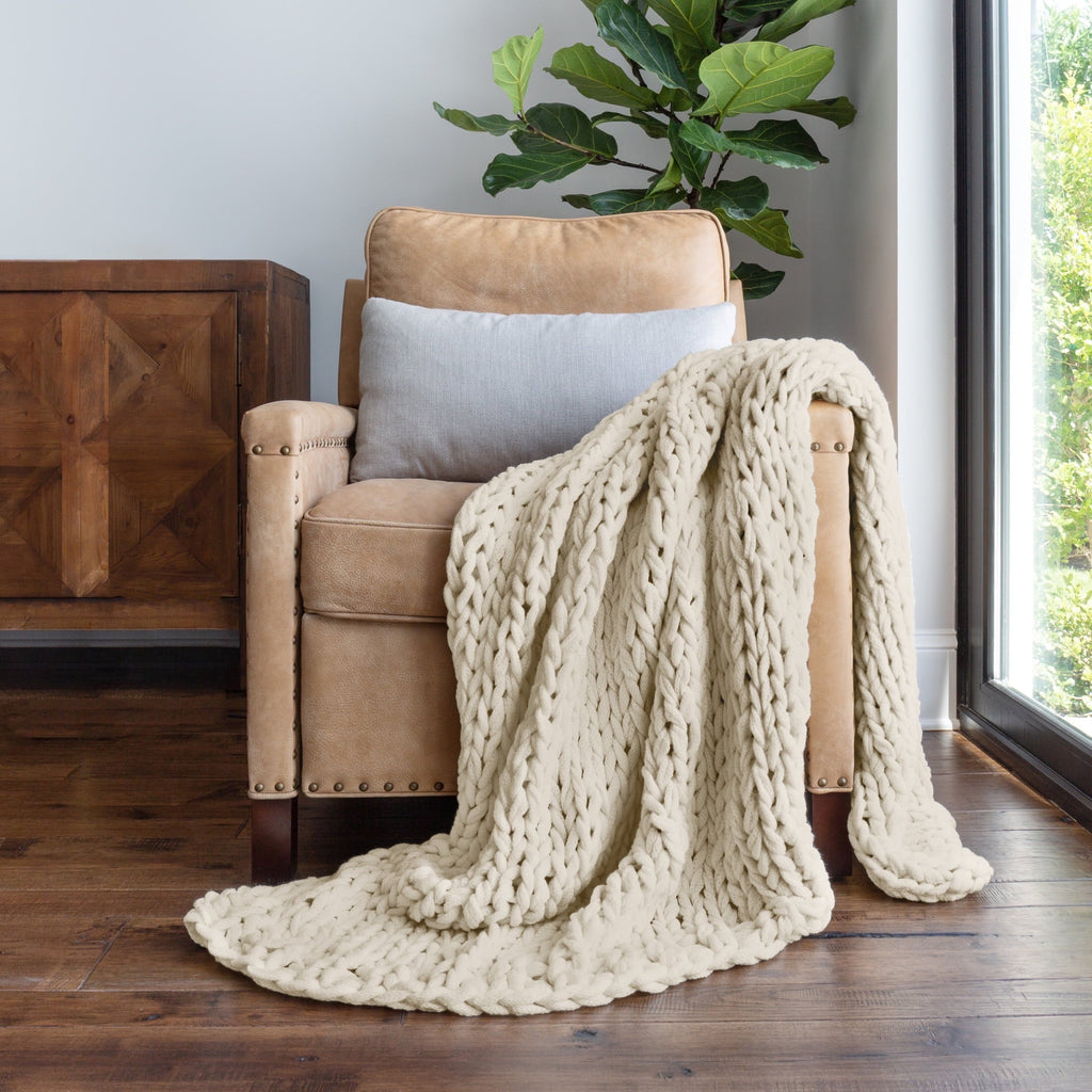 Decorative Knitted Soft & Cozy Chunky Hand-Knit Throw Blanket, Ivory - Cozy Fleece Throw Blanket for Couch & Bed - Default Title
