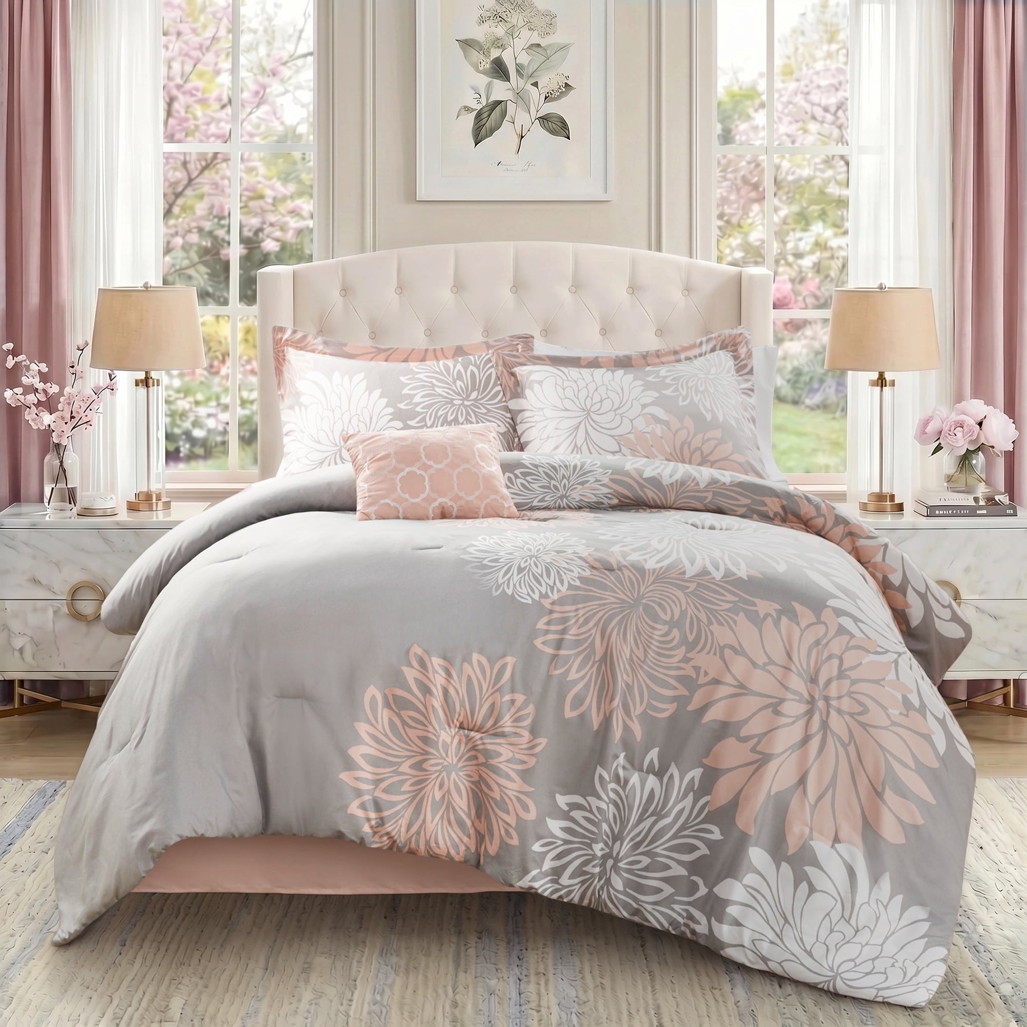 All-Season King Size Comforter Set, 5-Piece Floral Bedding Set for All Season, Blush Comforter Set King with Bed Skirt - All-Season Down Alternative Comforter Insert - Default Title