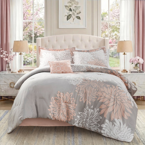 All-Season King Size Comforter Set, 5-Piece Floral Bedding Set for All Season, Blush Comforter Set King with Bed Skirt - All-Season Down Alternative Comforter Insert - Default Title