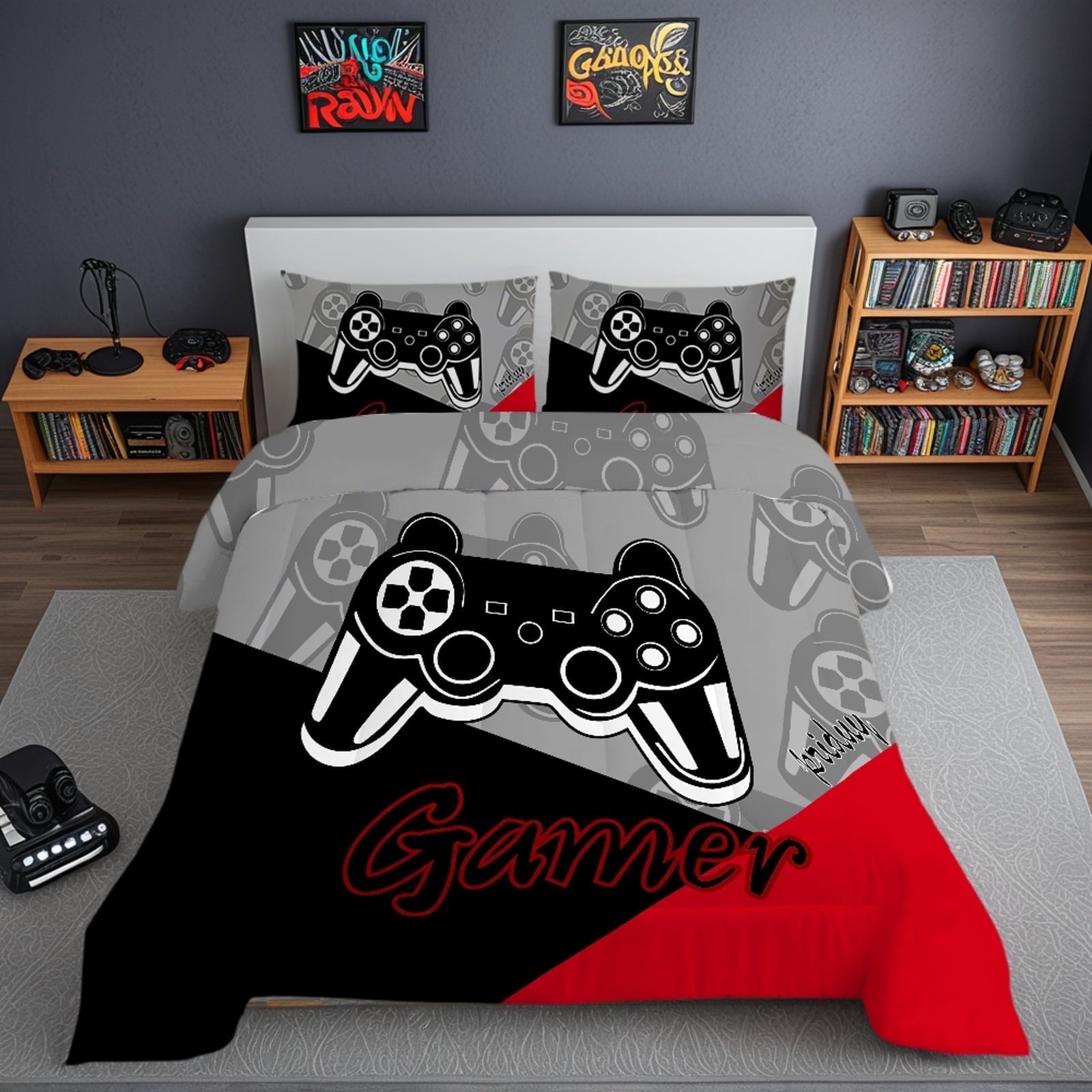 Luxurious Quilted Gaming Comforter for Kids Boys Teens Video Game Bedding Set Gamer Comforter Gamepad Comforter Set Full Size Red Black... - Hypoallergenic Ultra-Fluffy Quilt for Winter - Default Title