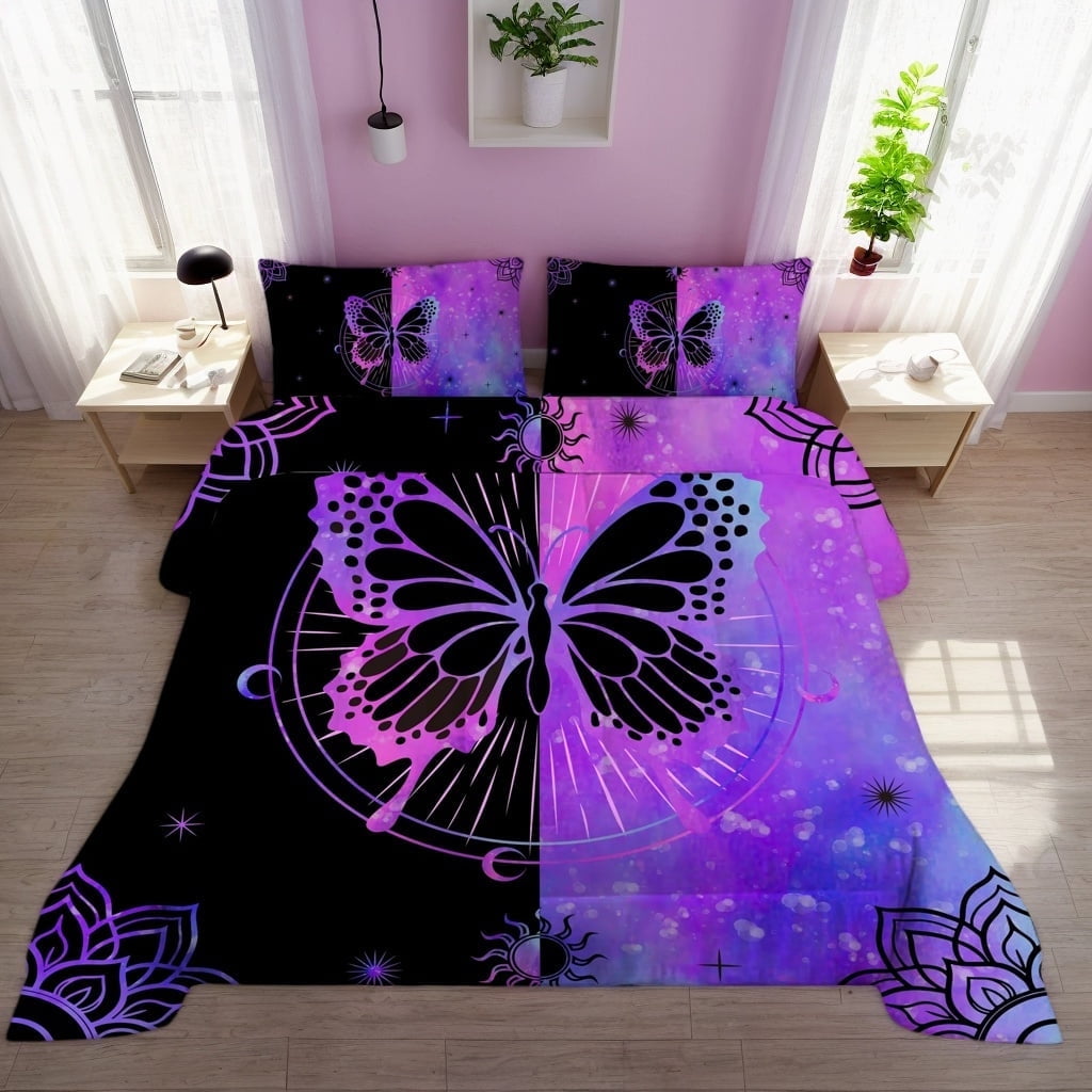Luxurious Quilted Butterfly Comforter Set Full Size for Girls Kids Teens Black Blue Purple Tie Dye Bedding Set 3 Pieces - Hypoallergenic Ultra-Fluffy Quilt for Winter - Default Title