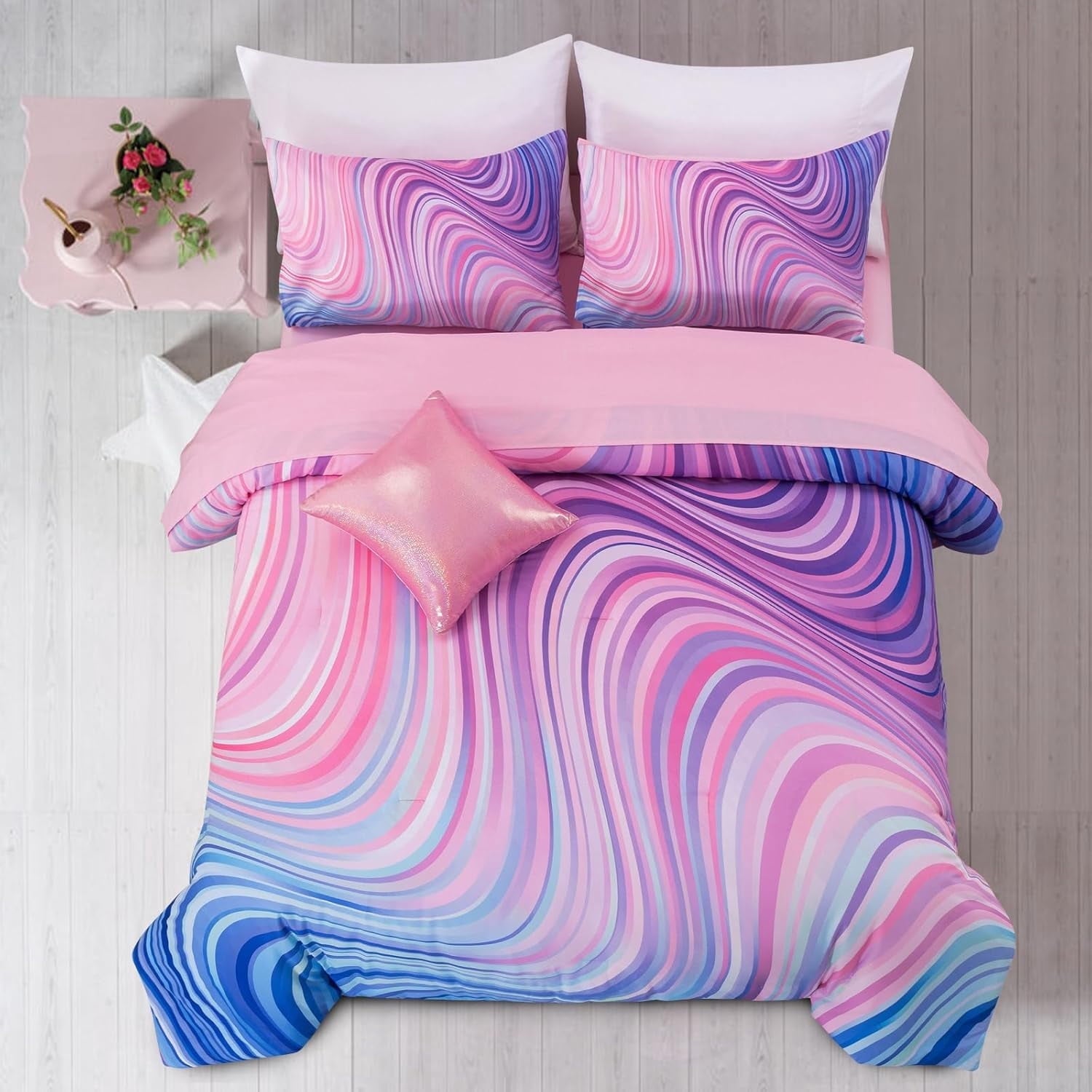 All-Season 6 Pieces Gradient Star Ring Comforter Set, Colorful Glitter Rainbow Wave Stripes Pattern Bedding Set for Boys Girls T... - Hypoallergenic Ultra-Fluffy Quilt for Winter - Default Title