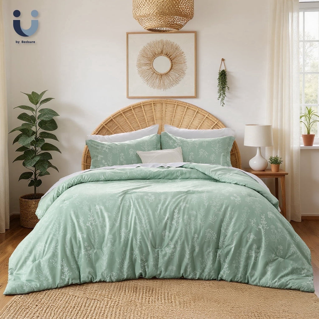 Heavyweight Warmth 3 Pieces Sage Green Floral Comforter Sets, 1 Botanical Flowers Reversible Comforter and 2 Pillow Shams, Queen Size Be... - Luxurious Quilted Duvet Cover Set - Default Title