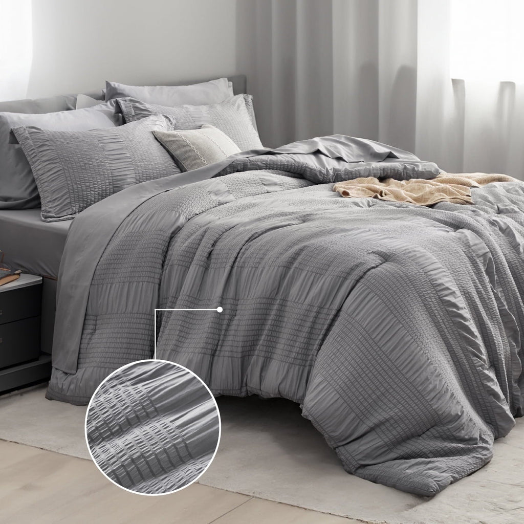 Heavyweight Warmth Twin Comforter Sets 5 Pieces Stripes Seersucker Bedding Set, Bed in a Bag with Soft Comforter & Sheets, Pillowcase & ... - Luxurious Quilted Duvet Cover Set - Default Title