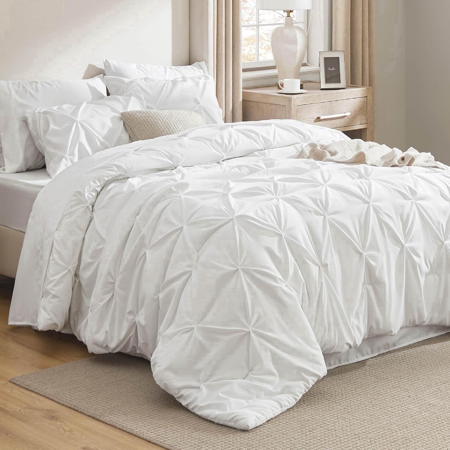 Luxurious Quilted White Queen Comforter Set- 7 Pieces Pintuck Bedding Set with Comforters, Sheets, Pillowcases & Shams - Hypoallergenic Ultra-Fluffy Quilt for Winter - Default Title