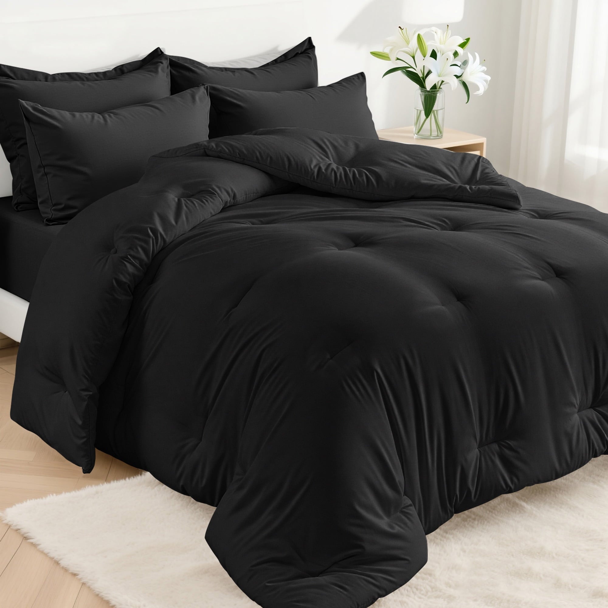 Hypoallergenic Cloud 5-Piece Bed in Bag - Twin Size Comforter Sets, Pillowcases & Sheet Collection for Cozy Bedding Sets Black - Cloud-Like Soft Lightweight Bed Comforter - Default Title