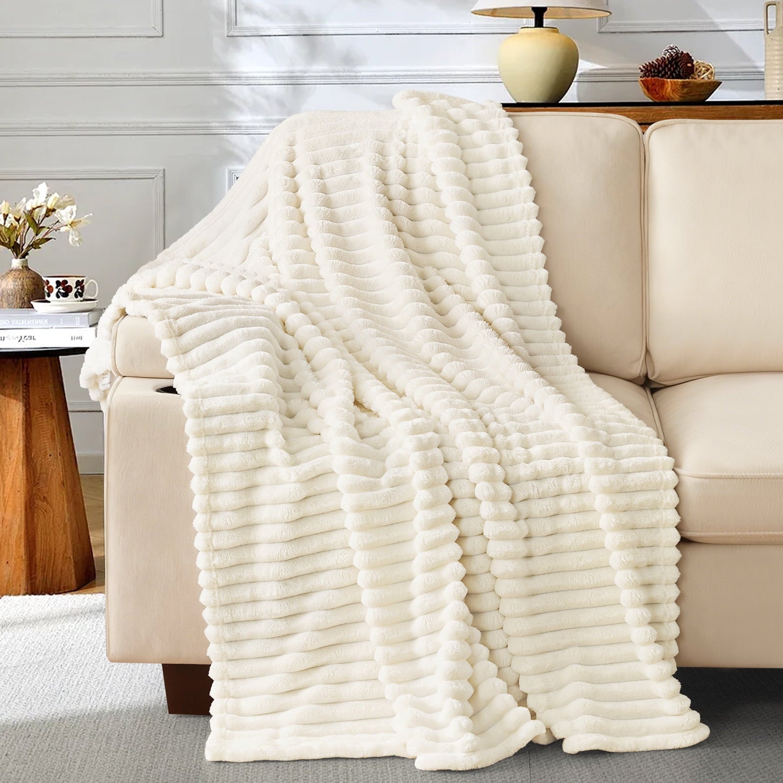 Lightweight Warm White Fleece Throw Blanket for Couch, Super Soft Cozy Blankets and Throws, Decorative Fleece Blankets for Women Men G... - Luxury Knitted Decorative Throw Blanket with Fringes - Default Title