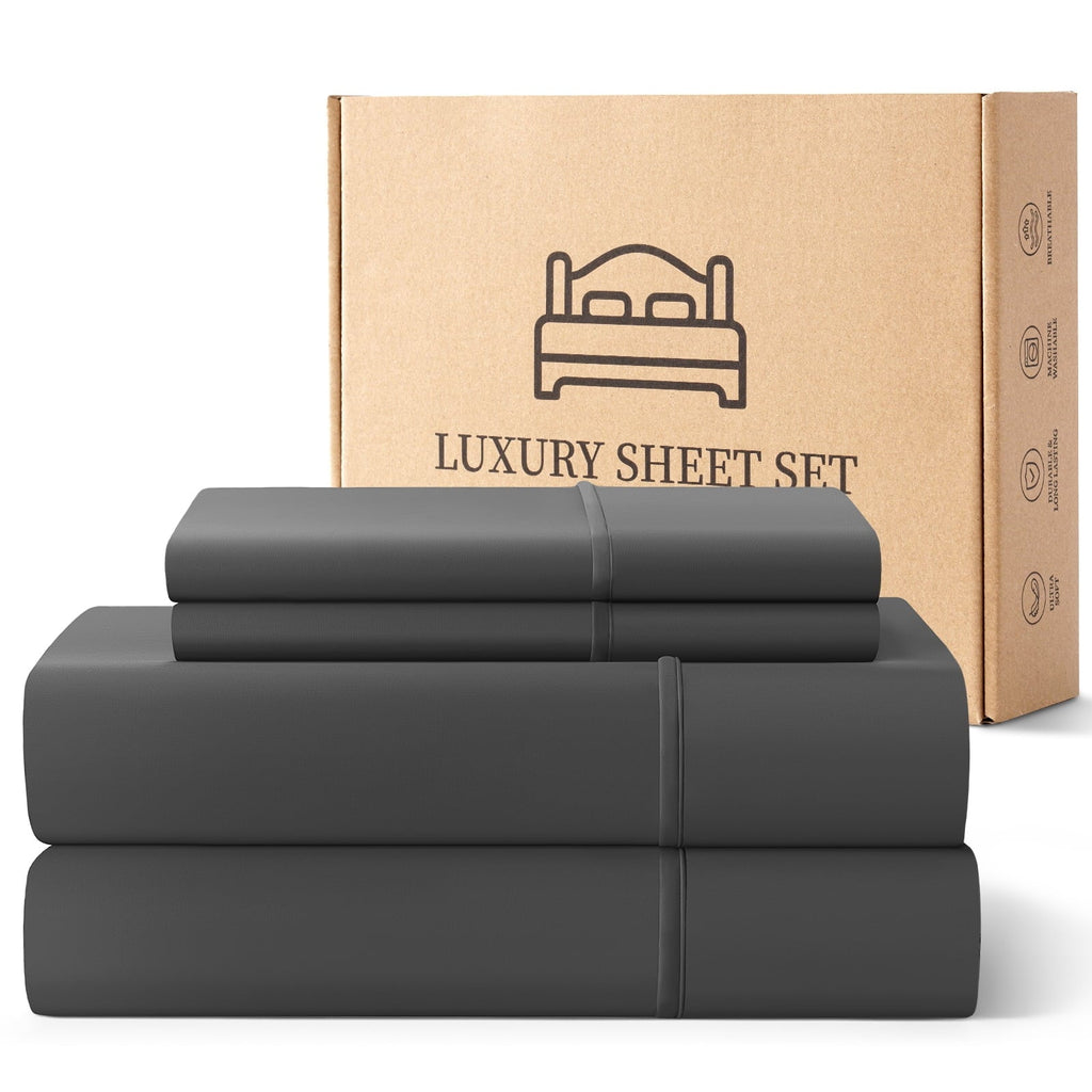 Breathable Luxury Sheets,Soft Hotel Luxury Polyester Washed Cotton,4 Piece Sheets Set,with 14" Deep Pocket,Dark Gray - Premium Ultra-Soft Pillowcase Pair for Sleeping - Default Title