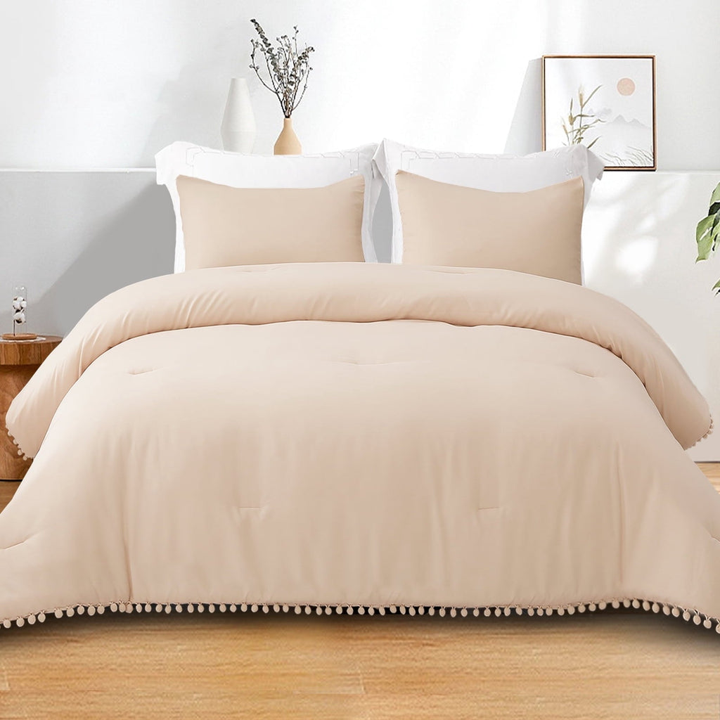 Hypoallergenic Cloud Boho Pom Pom Ball Fringe King Size Comforter Set, 3 Pieces Beige Lightweight Down Alternative Bedding Comforter Sets ... - All-Season Down Alternative Comforter Insert - Default Title