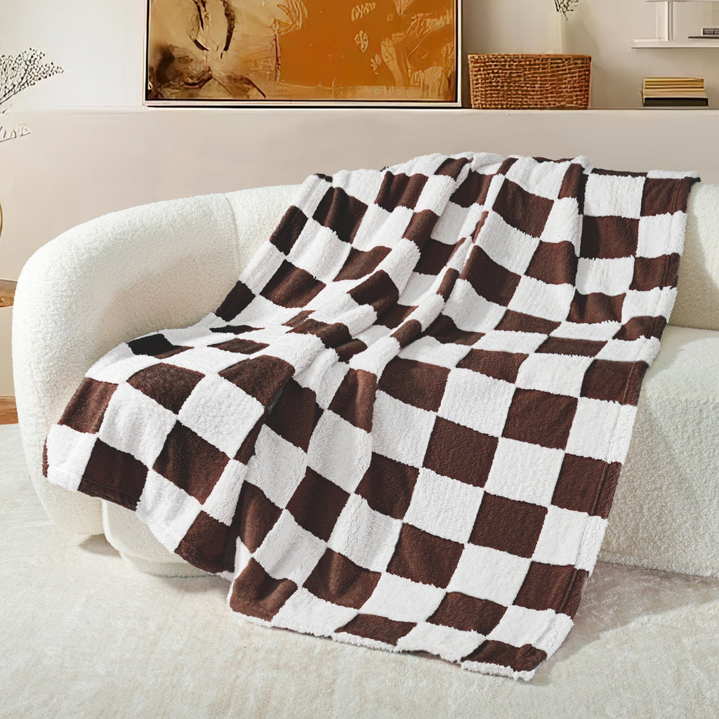 Reversible Sherpa Checkered Throw Blanket, Super Soft and Warm Fluffy Fleece Blanket for Couch, Sofa, Bed, Cute Plaid Pattern, Coffee, ... - Lightweight Plush Warm Blanket for All Seasons - Default Title